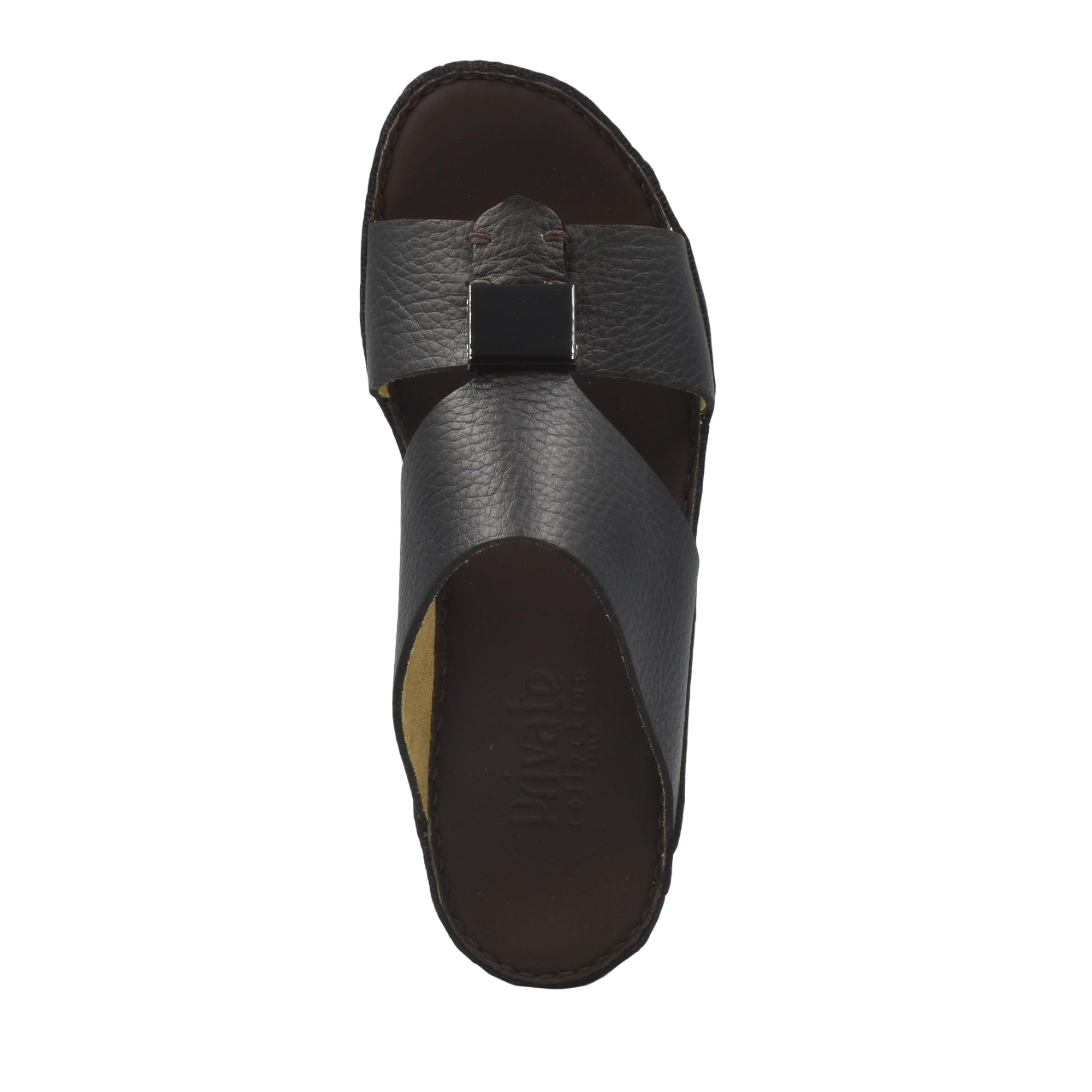Top view of black Quadratura Isola Lustre sandals with leather straps and cushioned footbed
