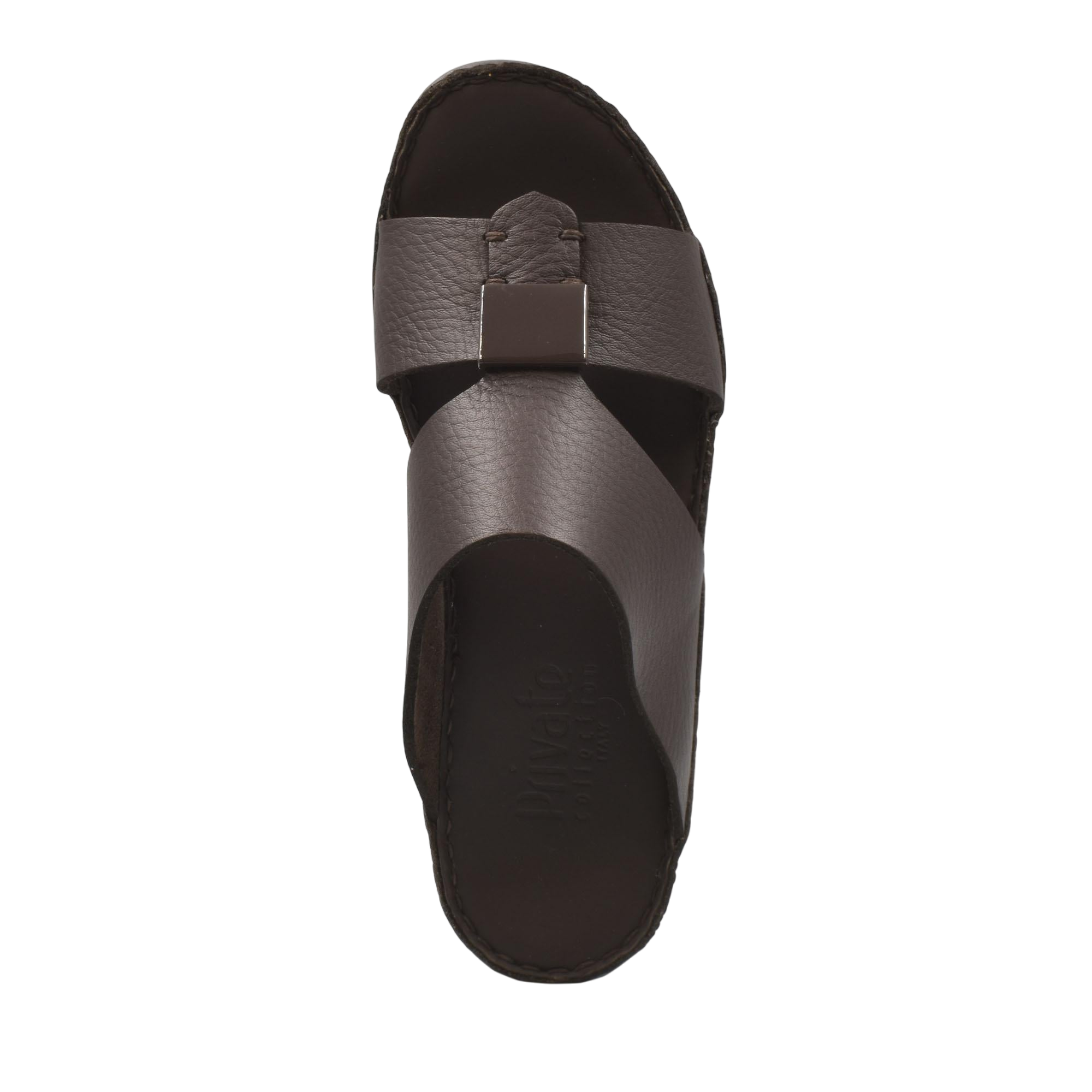 Top view of brown Quadratura Isola Lustre sandals with crisscross leather straps and metal buckle