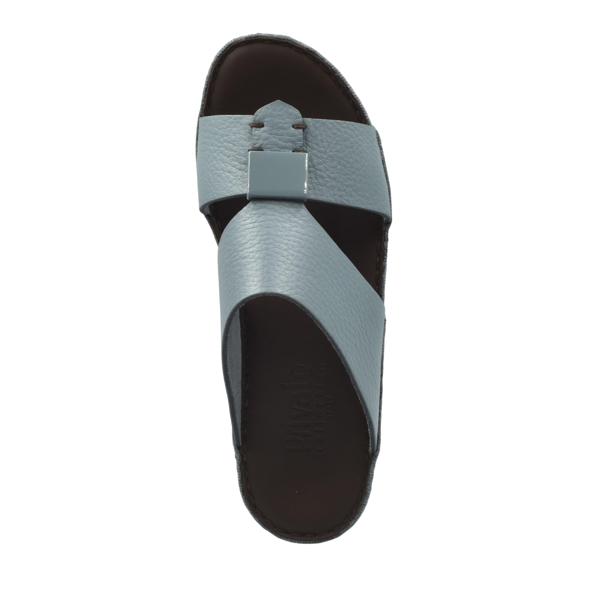 Top view of private collection light blue Quadratura Isola Lustre sandals with leather straps