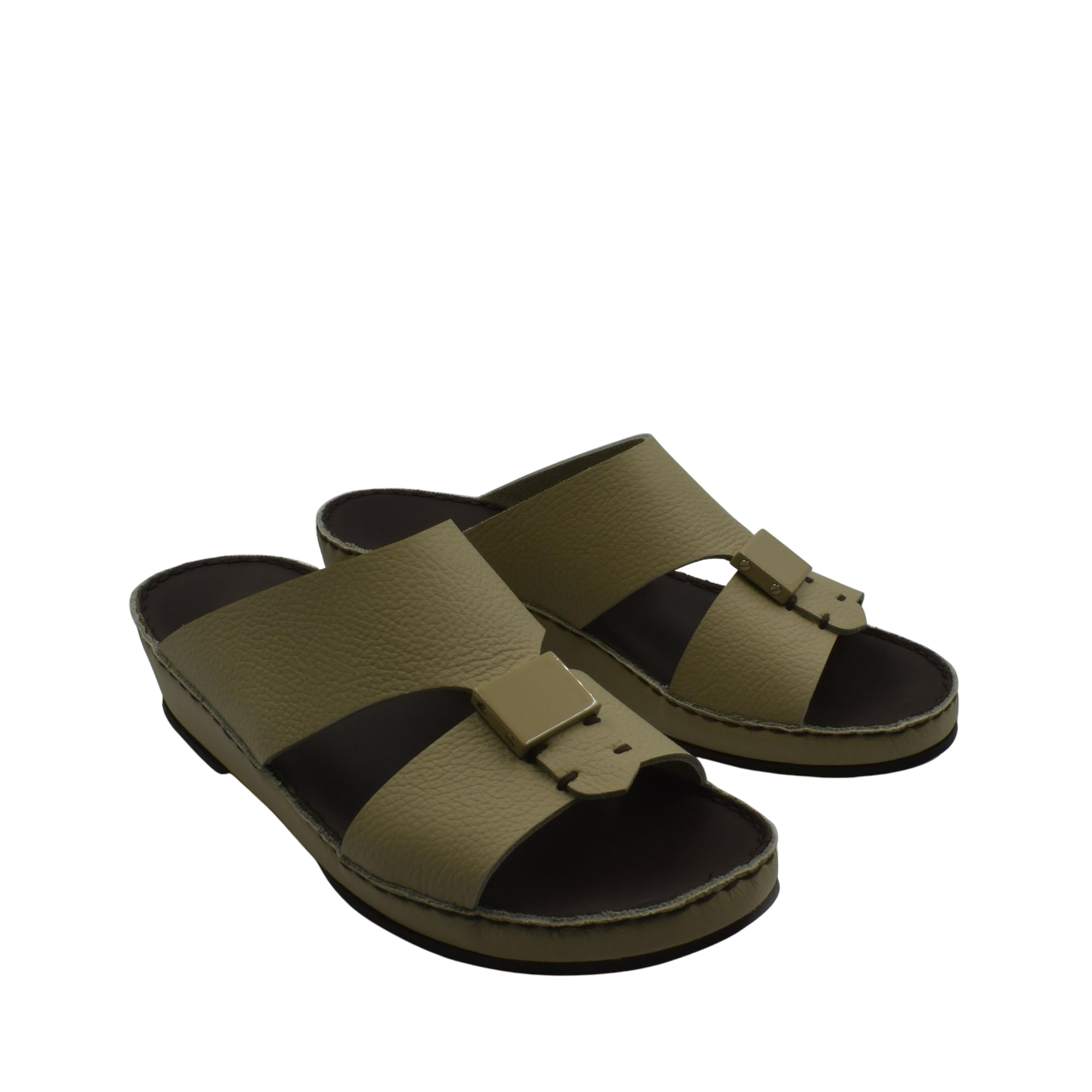 Pair of olive green Quadratura Isola Lustre sandals with wide straps and buckle detail