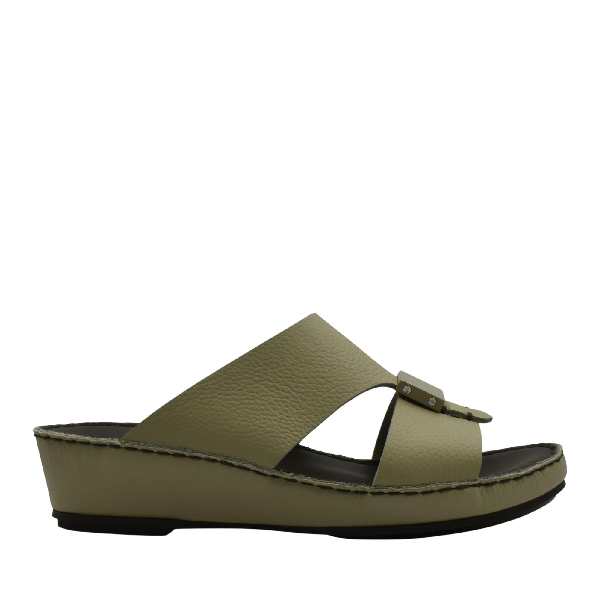 Side view of olive green Quadratura Isola Lustre sandals with a wedge sole and buckle detail