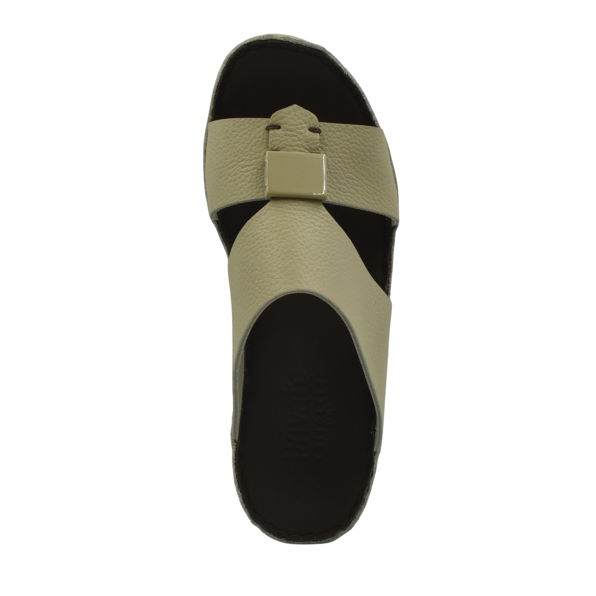 Top view of beige Quadratura Isola Lustre sandals with square buckle and black sole