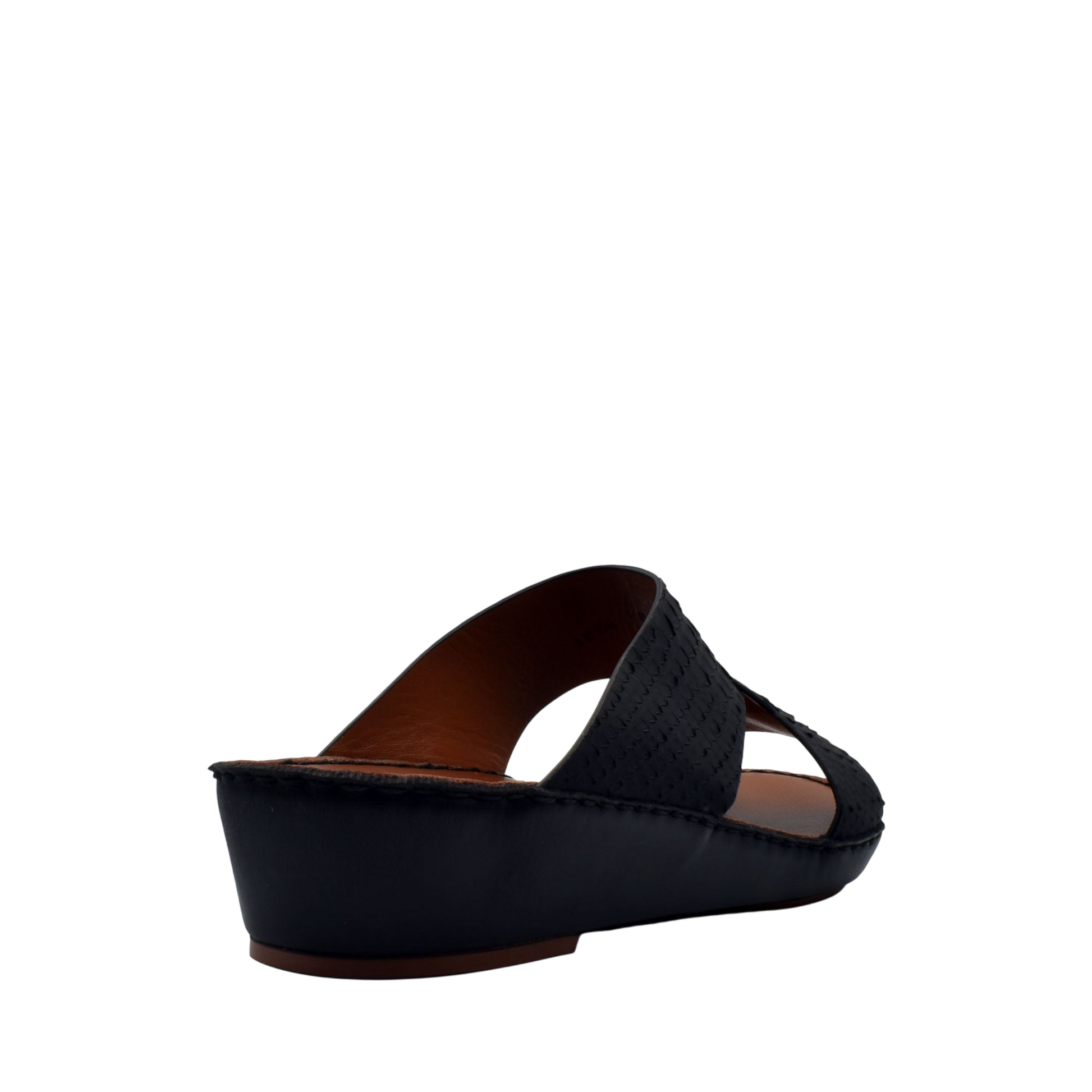 Black rubber python shoes slide sandal with low wedge heel and open toe design