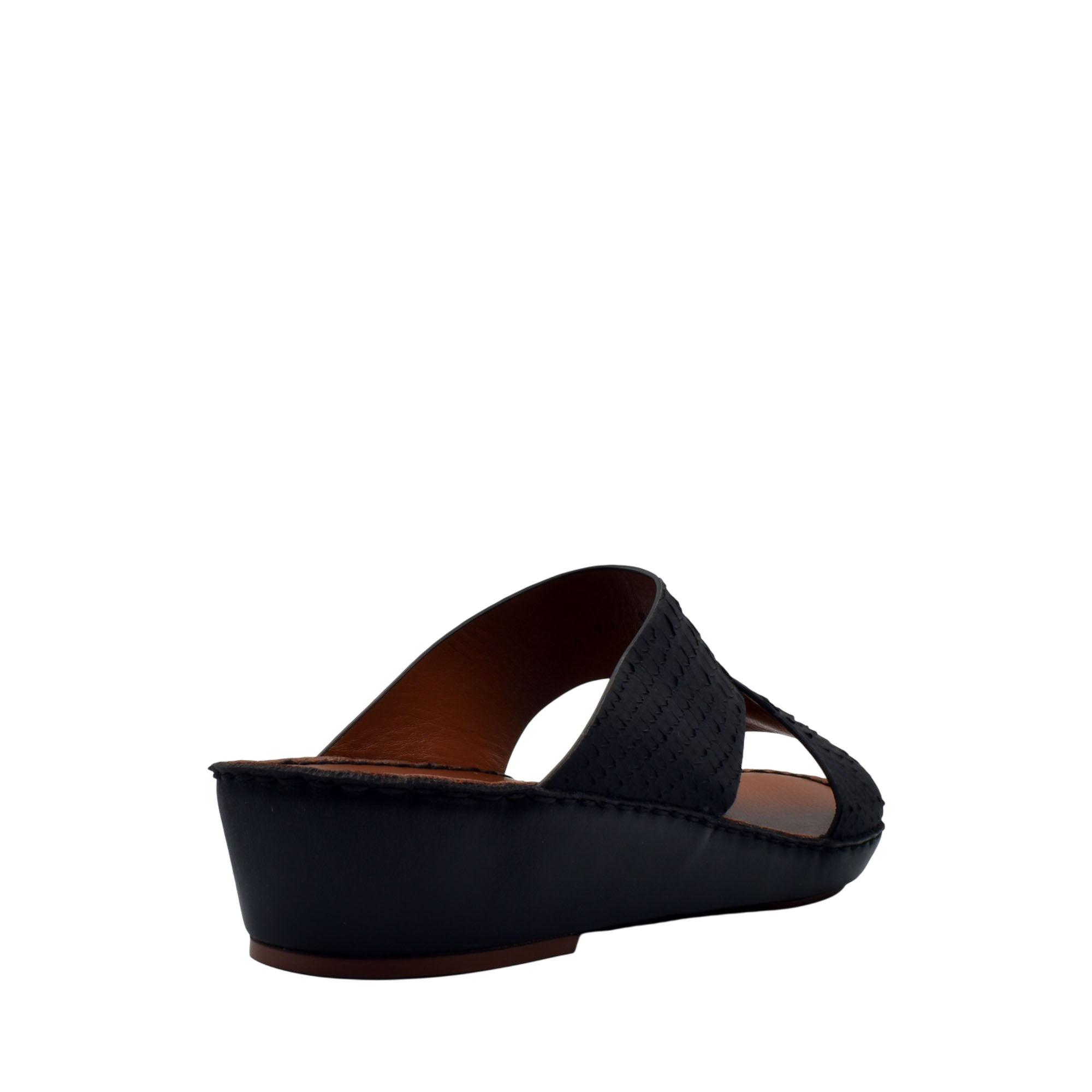 Black rubber python shoes slide sandal with low wedge heel and open toe design