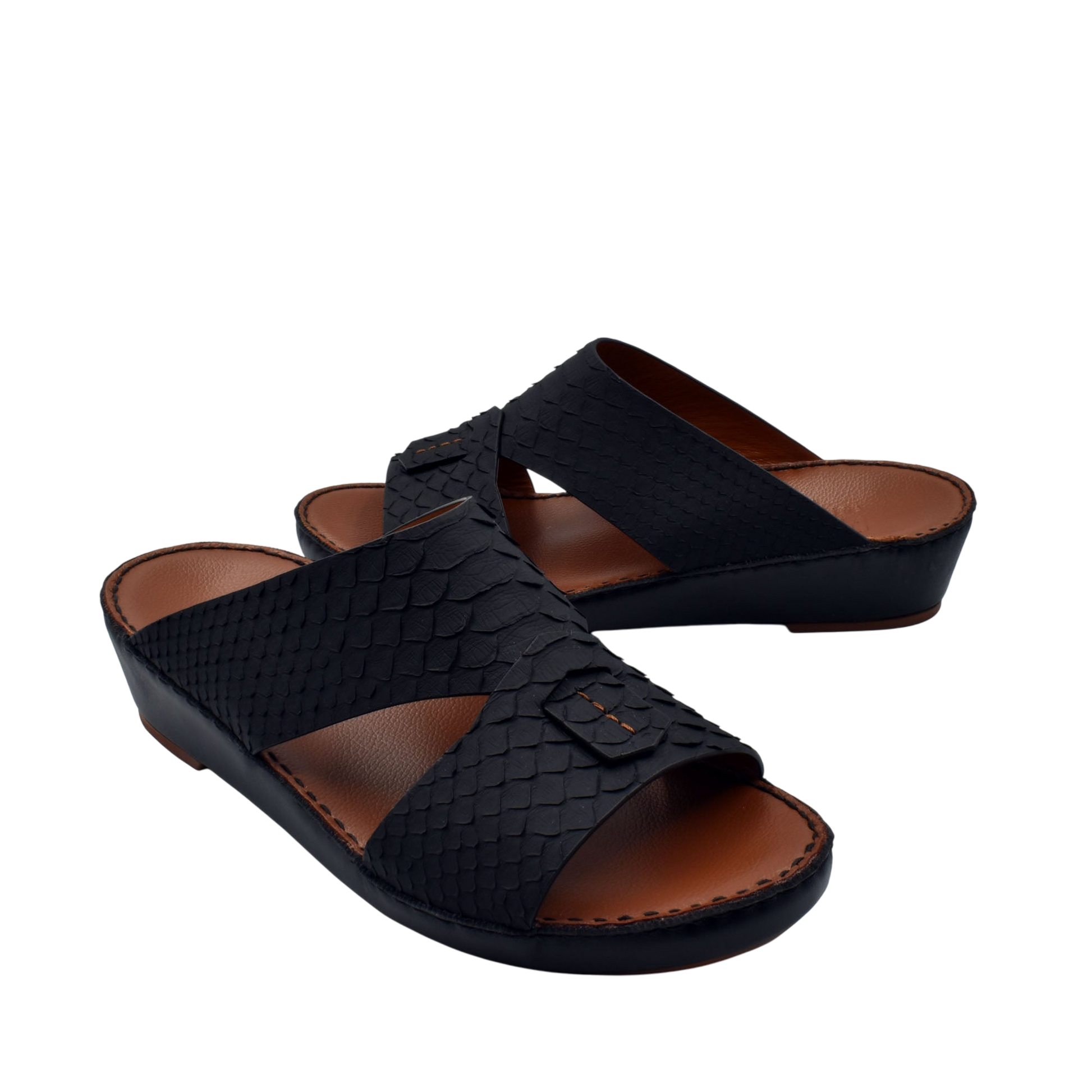 Black rubber python shoes with textured pattern and open toe design from Private collection