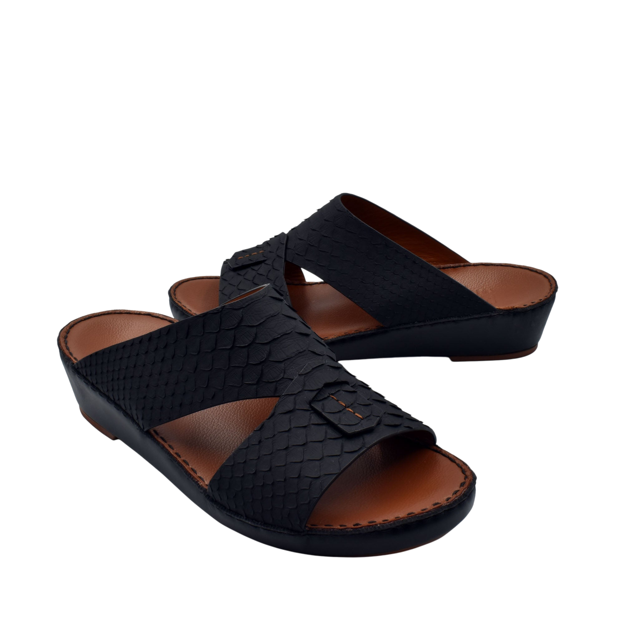 Black rubber python shoes with textured pattern and open toe design from Private collection