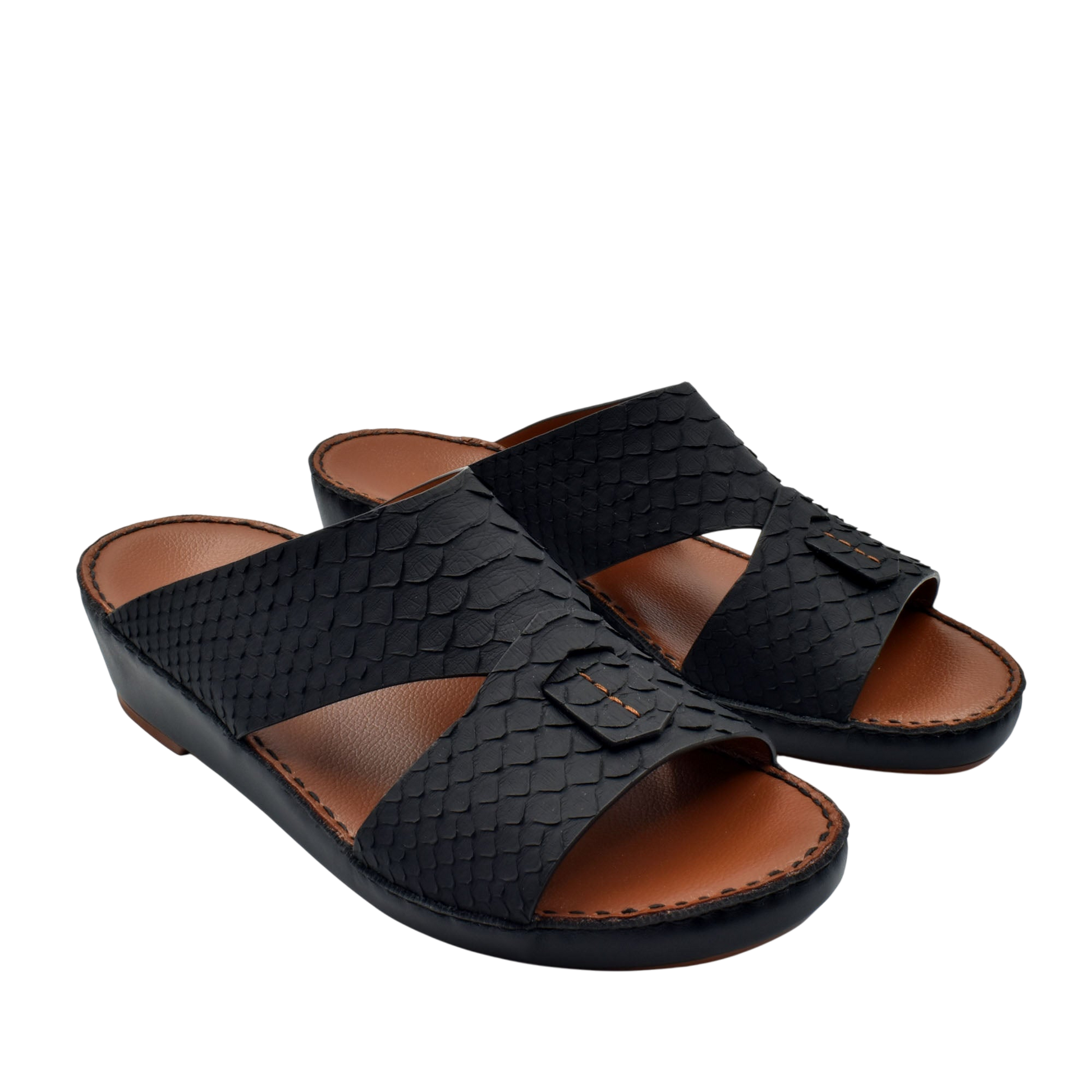 Black open-toe slip-on rubber python shoes with textured design and brown cushioned footbed