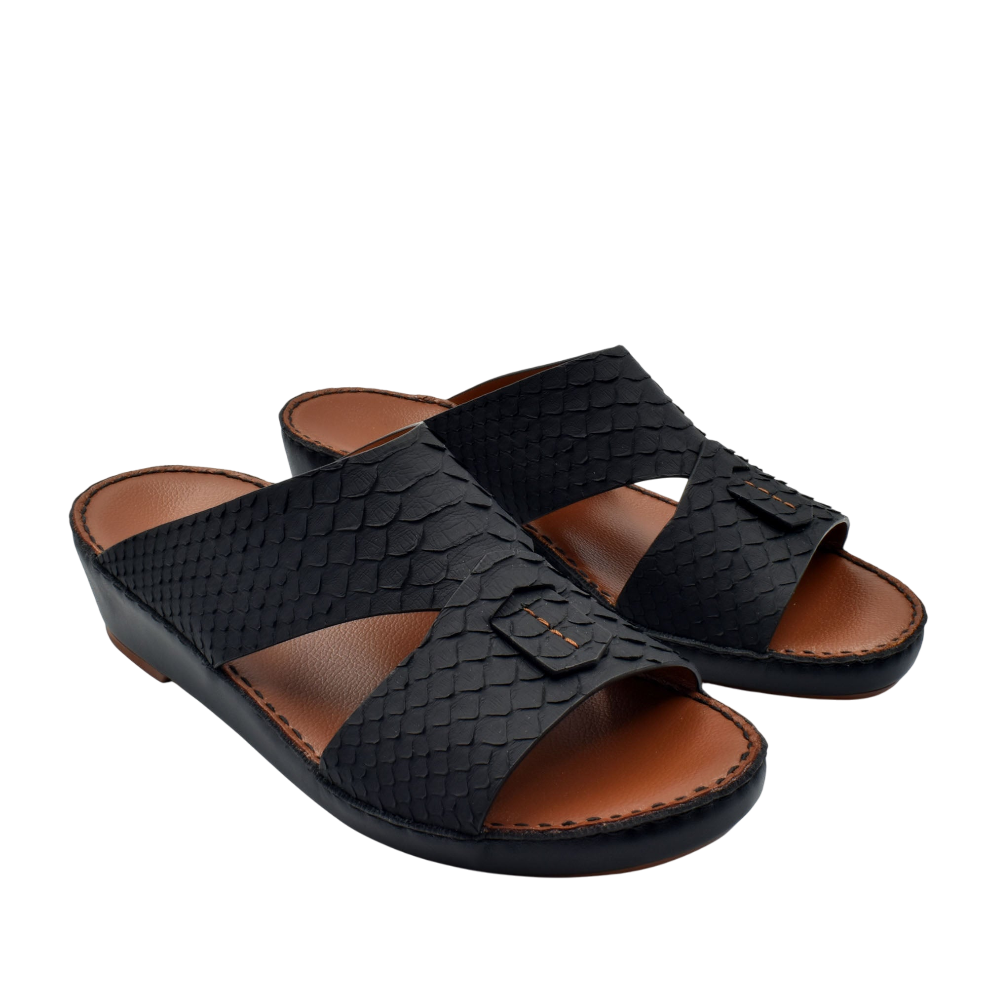 Black open-toe slip-on rubber python shoes with textured design and brown cushioned footbed