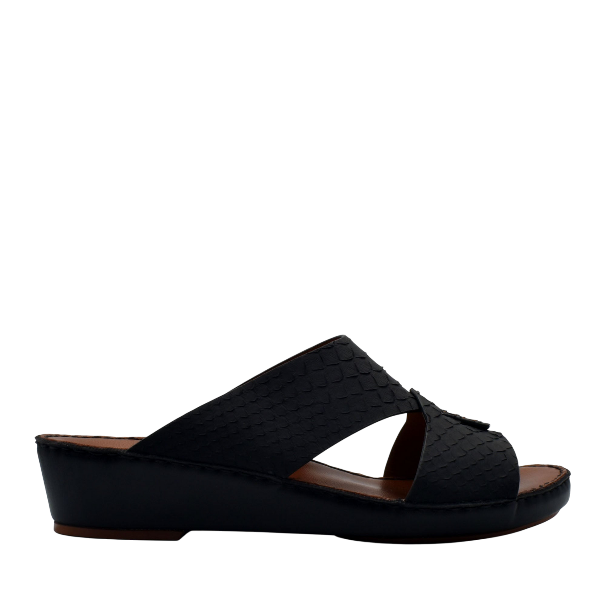 Black slip-on rubber python shoes with low wedge heel and textured upper design