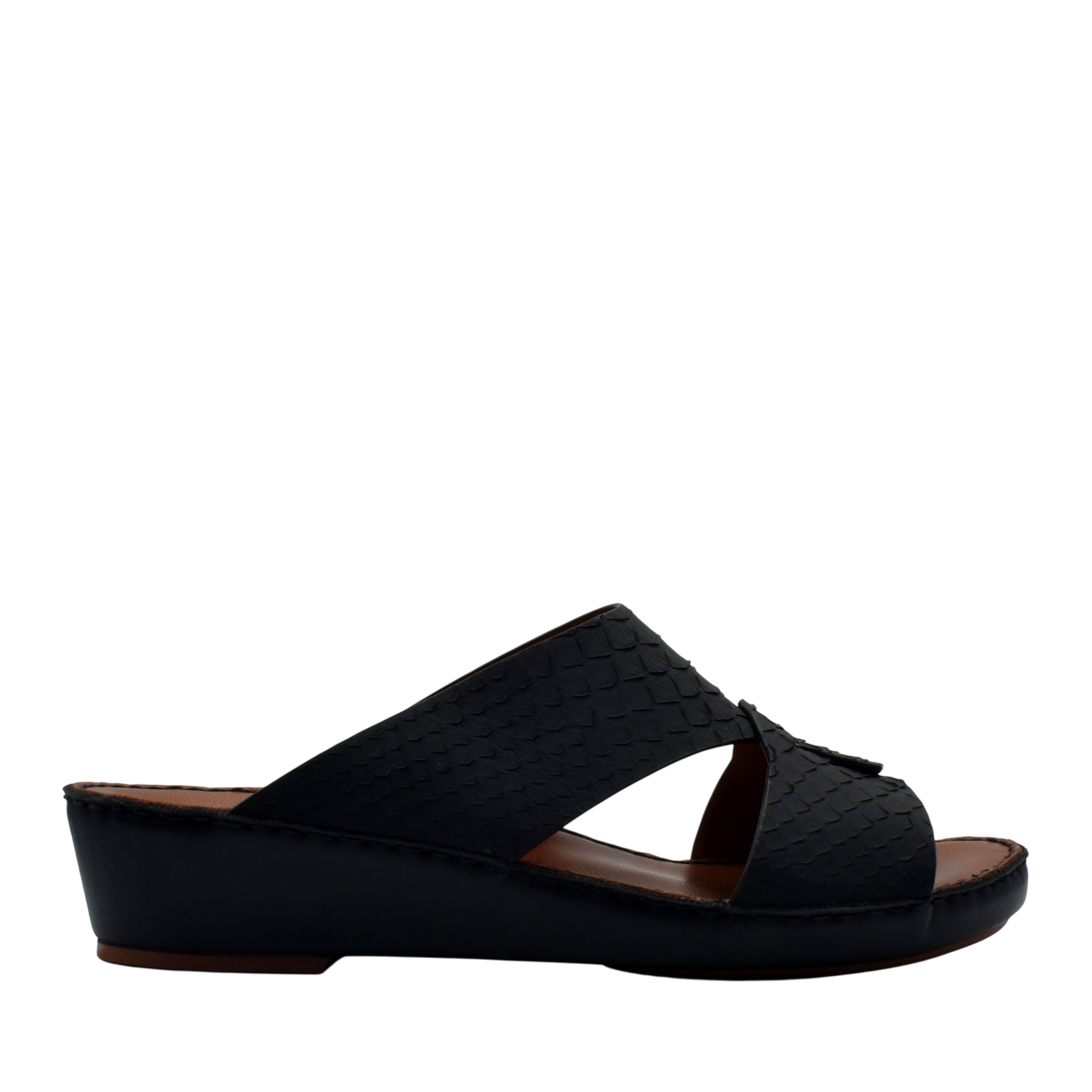 Black slip-on rubber python shoes with low wedge heel and textured upper design