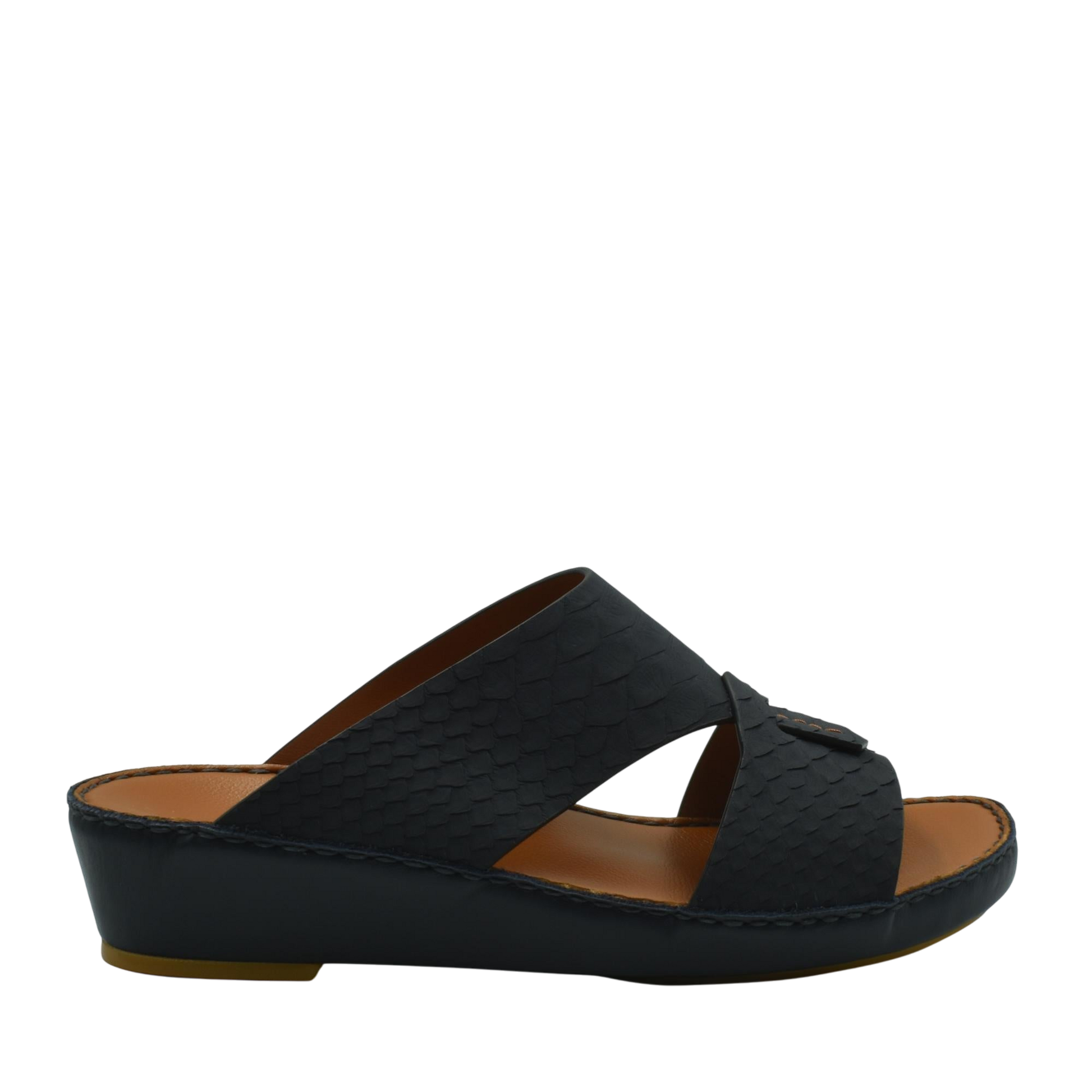 Black slip-on rubber python shoes with textured pattern and cushioned wedge sole