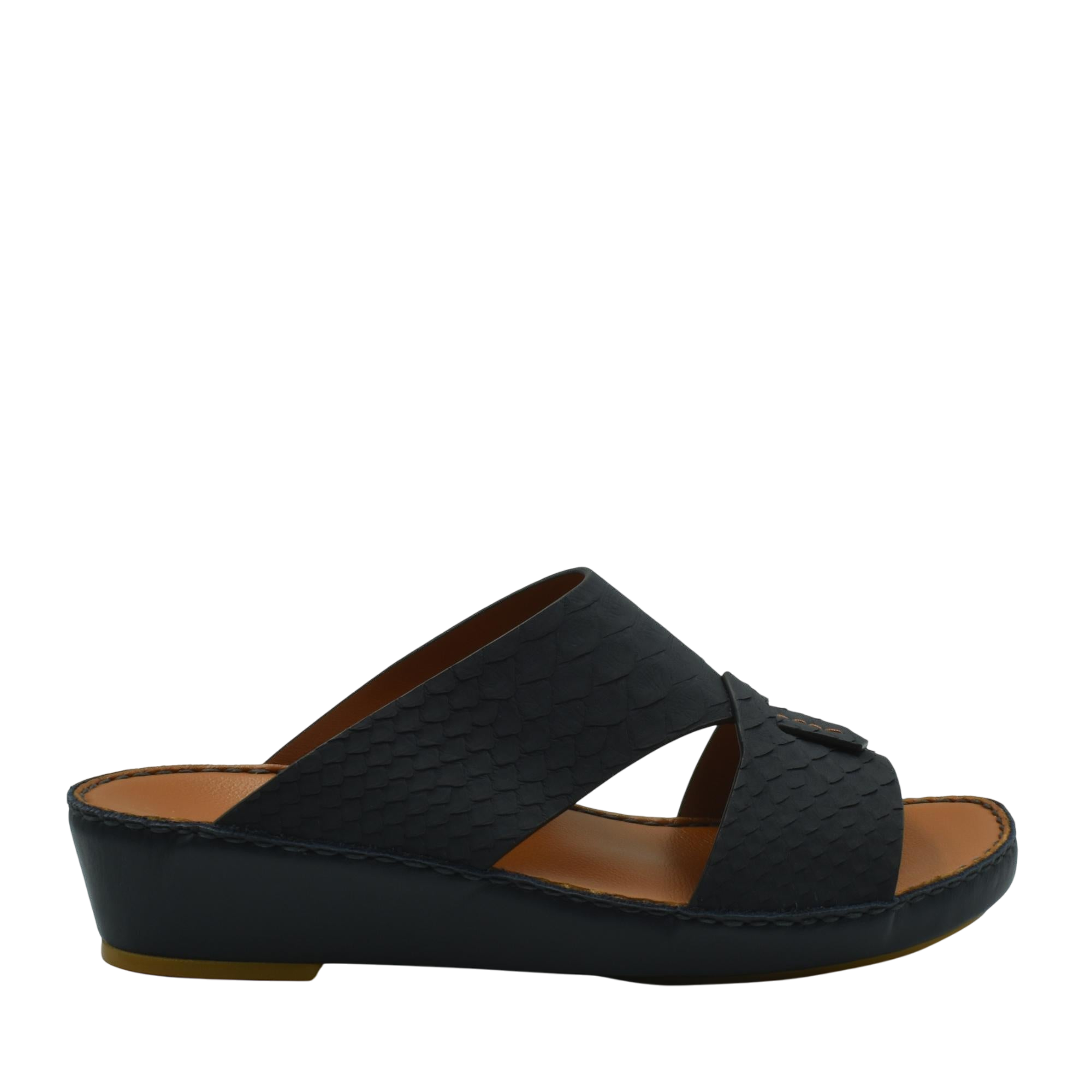 Black slip-on rubber python shoes with textured pattern and cushioned wedge sole