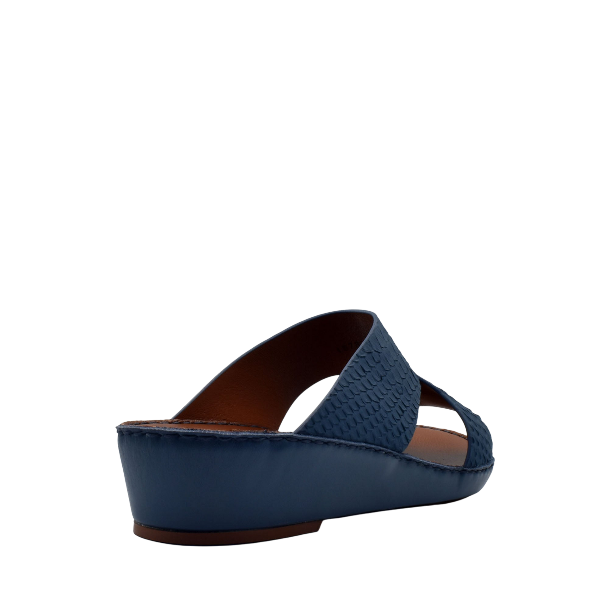 Blue wedge sandals from the private collection designed as rubber python shoes with textured straps