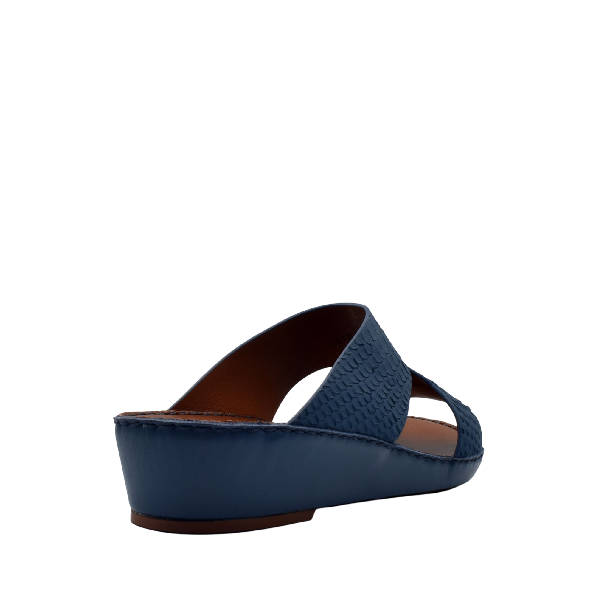 Blue wedge sandals from the private collection designed as rubber python shoes with textured straps