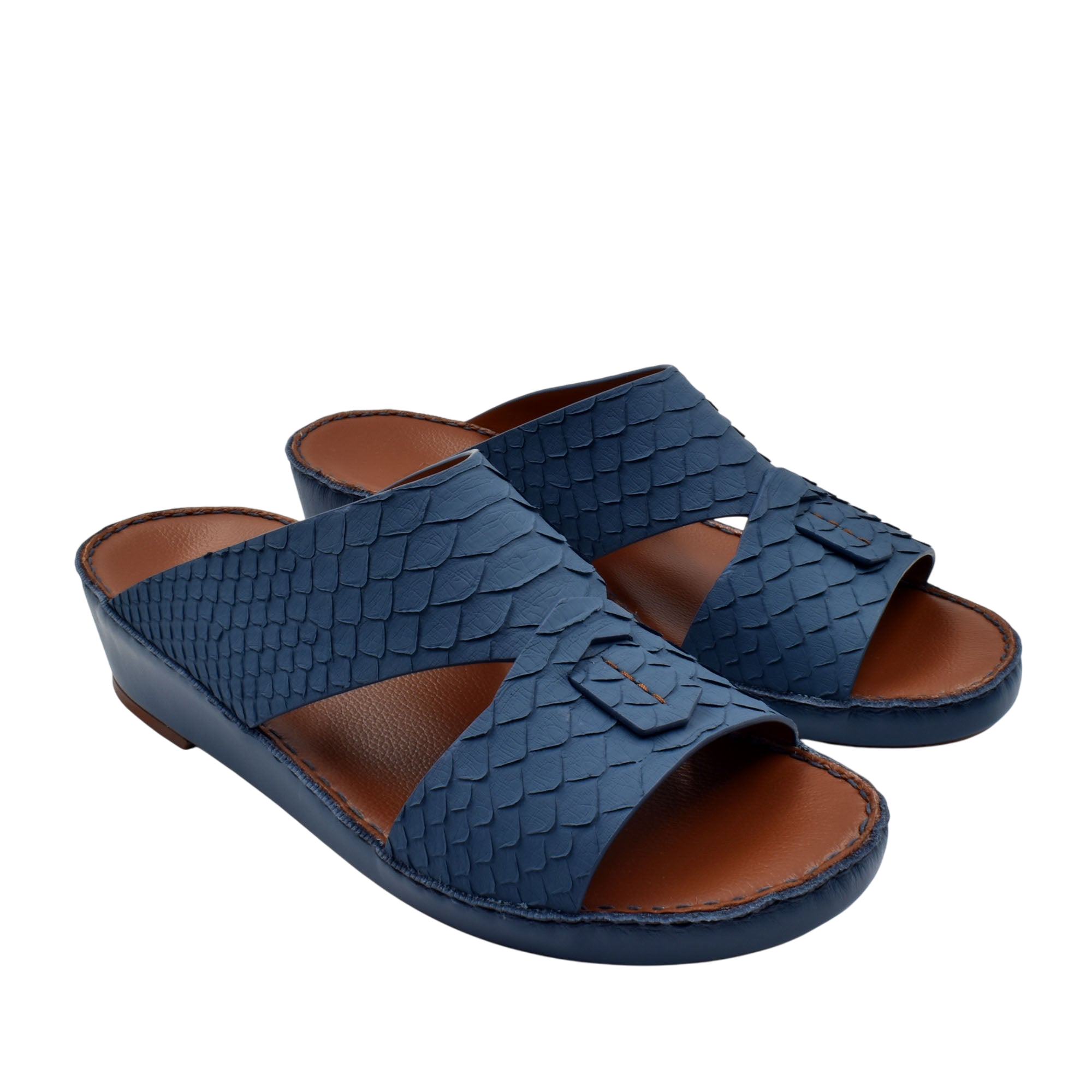 Blue rubber python shoes with textured scale pattern and brown cushioned footbed slip-on design