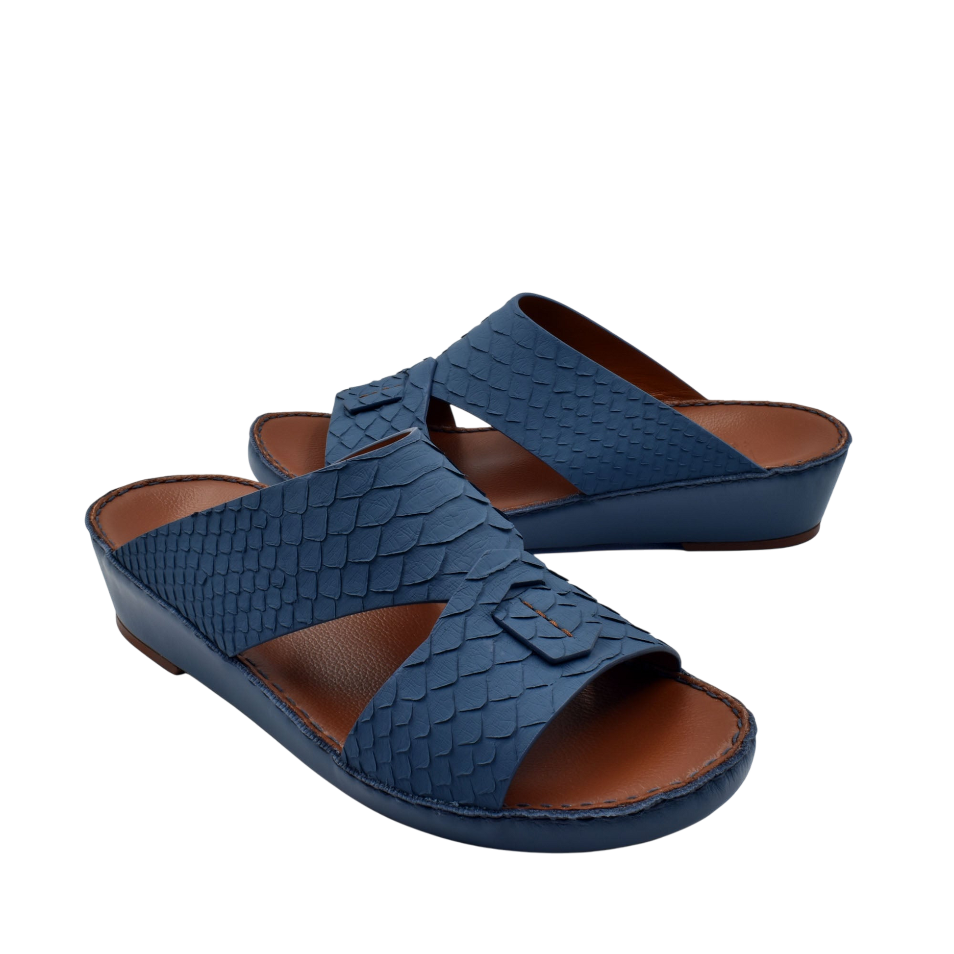Blue rubber python shoes with textured pattern and open toe design for comfortable wear