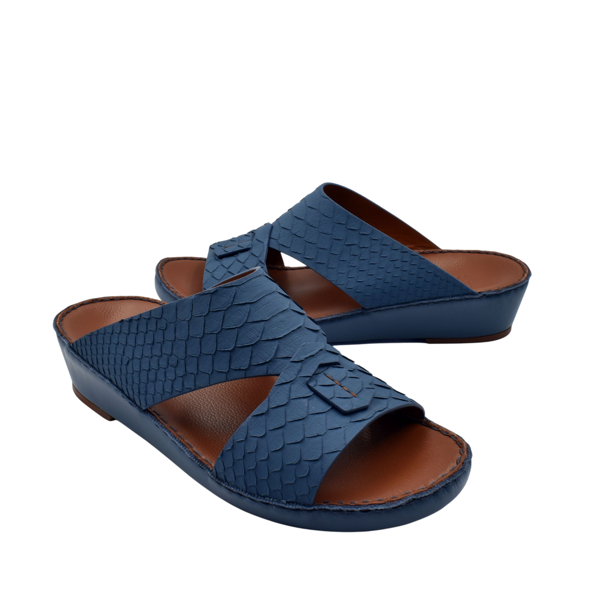 Blue rubber python shoes with textured pattern and open toe design for comfortable wear
