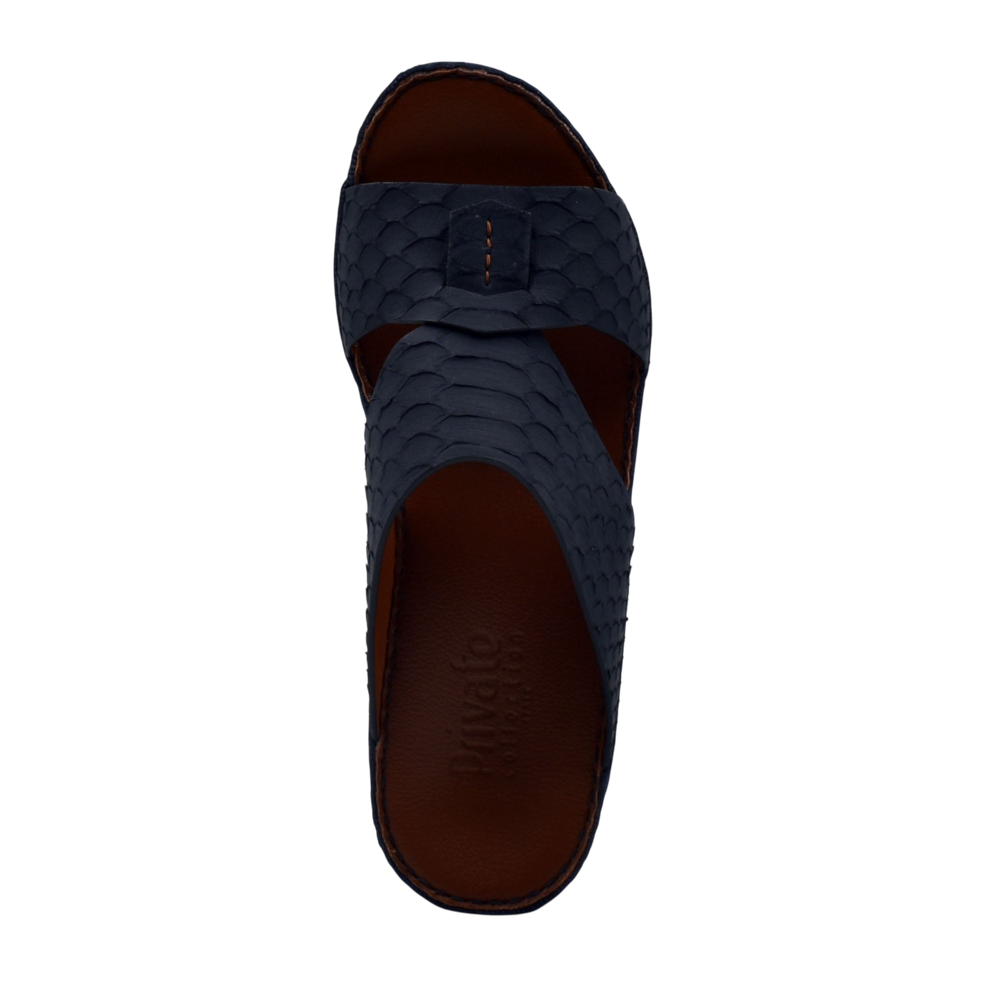 Top view of black rubber python shoes slide sandal with textured pattern and brown insole