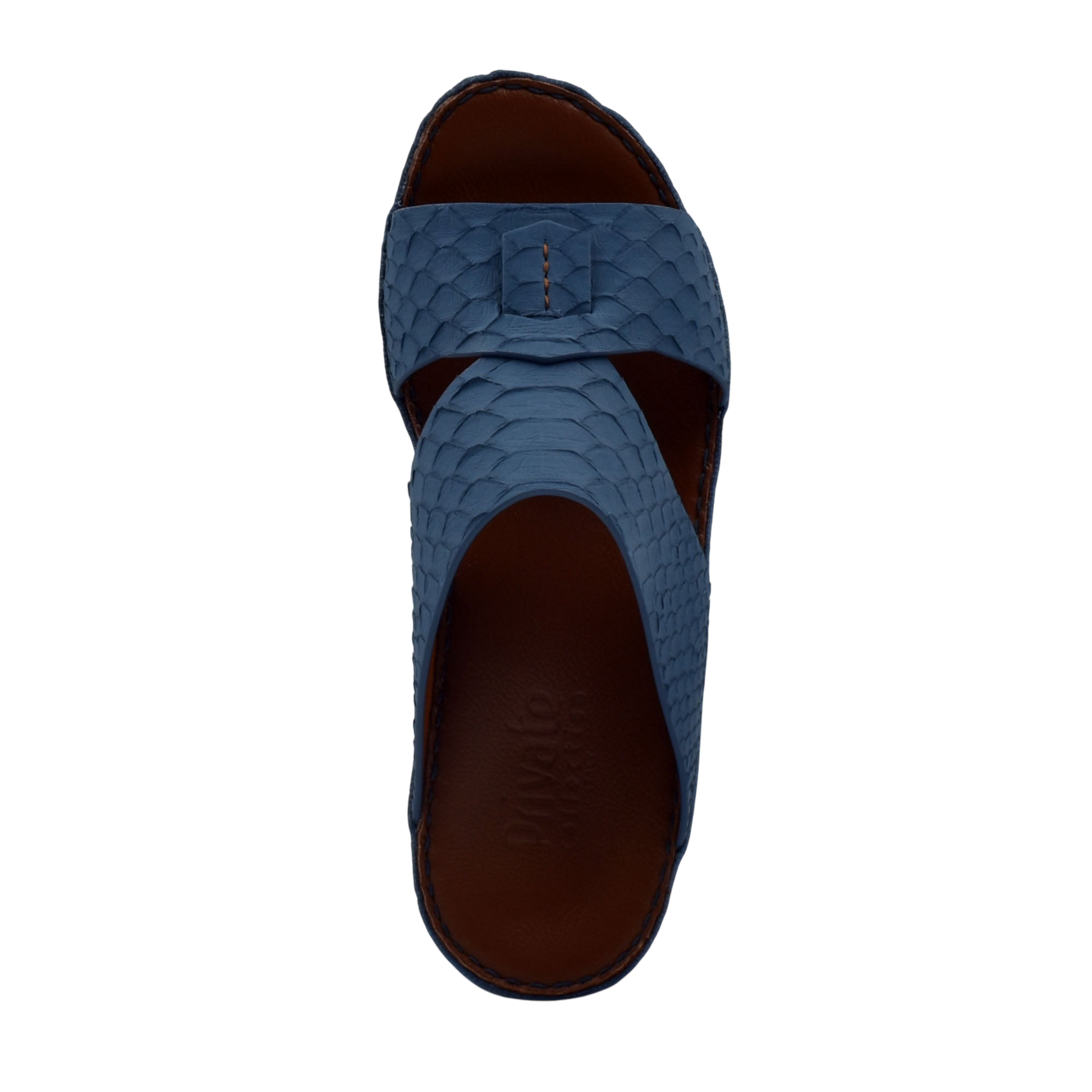 Blue slip-on rubber python shoes with textured scale pattern and open-toe design