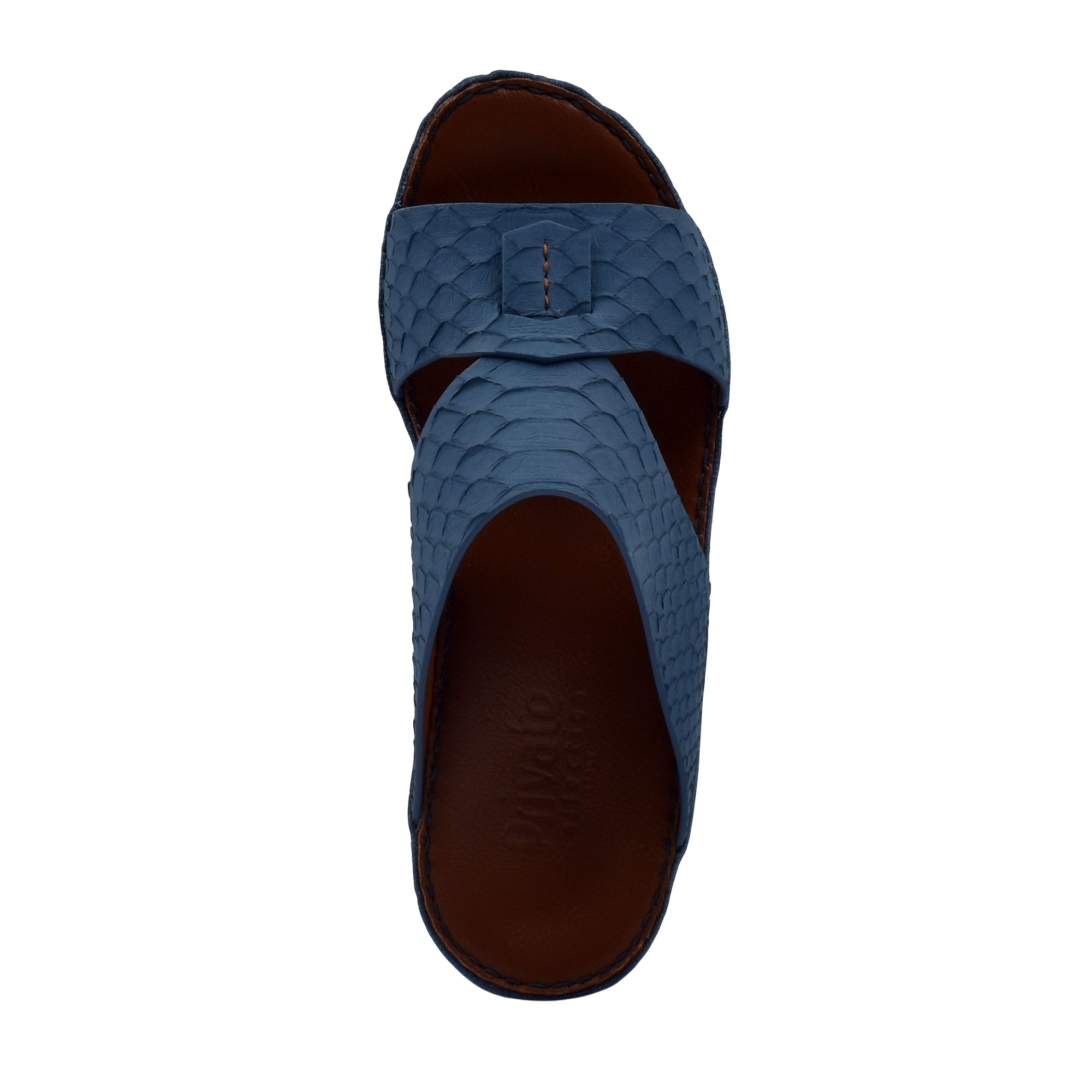 Blue slip-on rubber python shoes with textured scale pattern and open-toe design