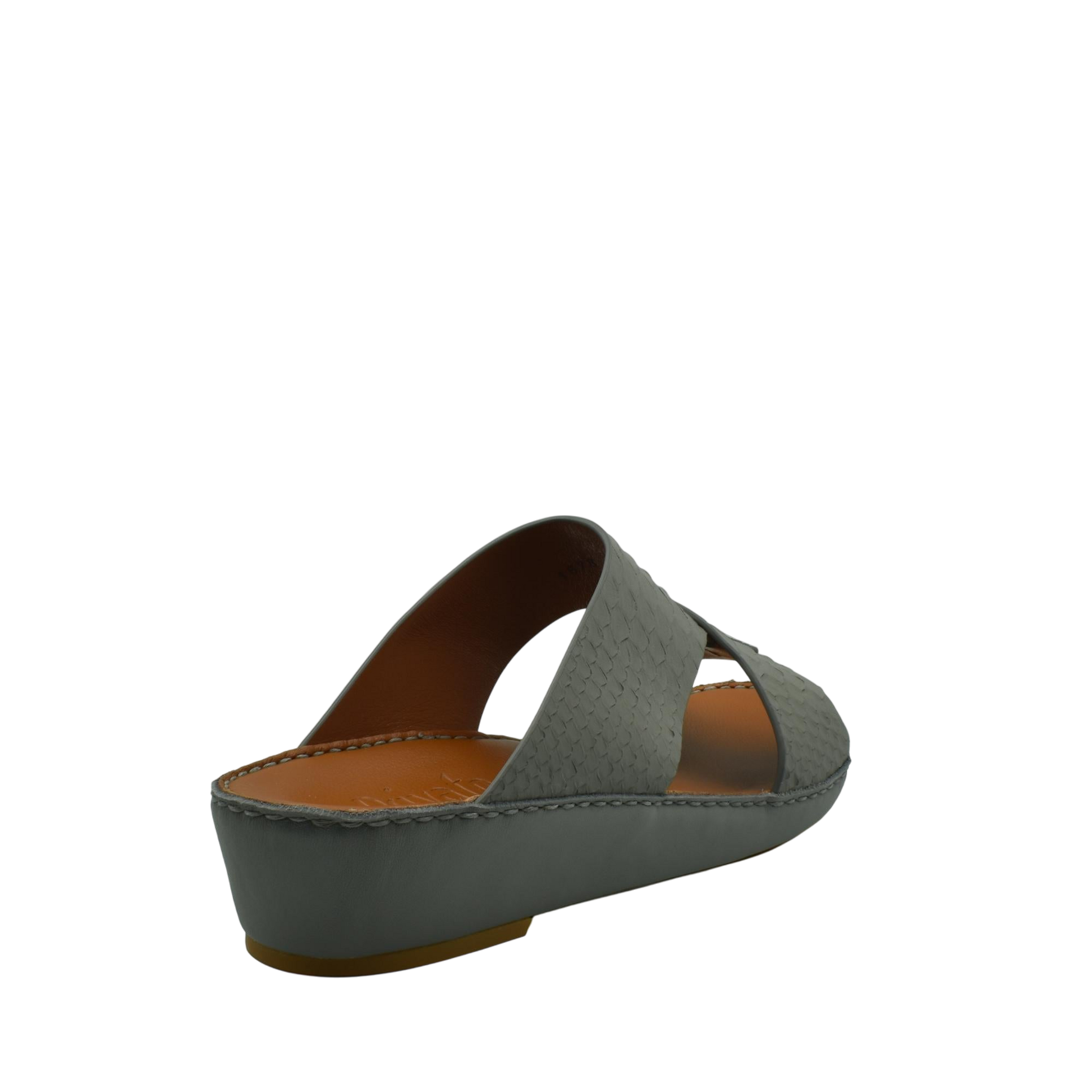 Gray slip-on wedge sandals featuring rubber python shoes texture with open toe design