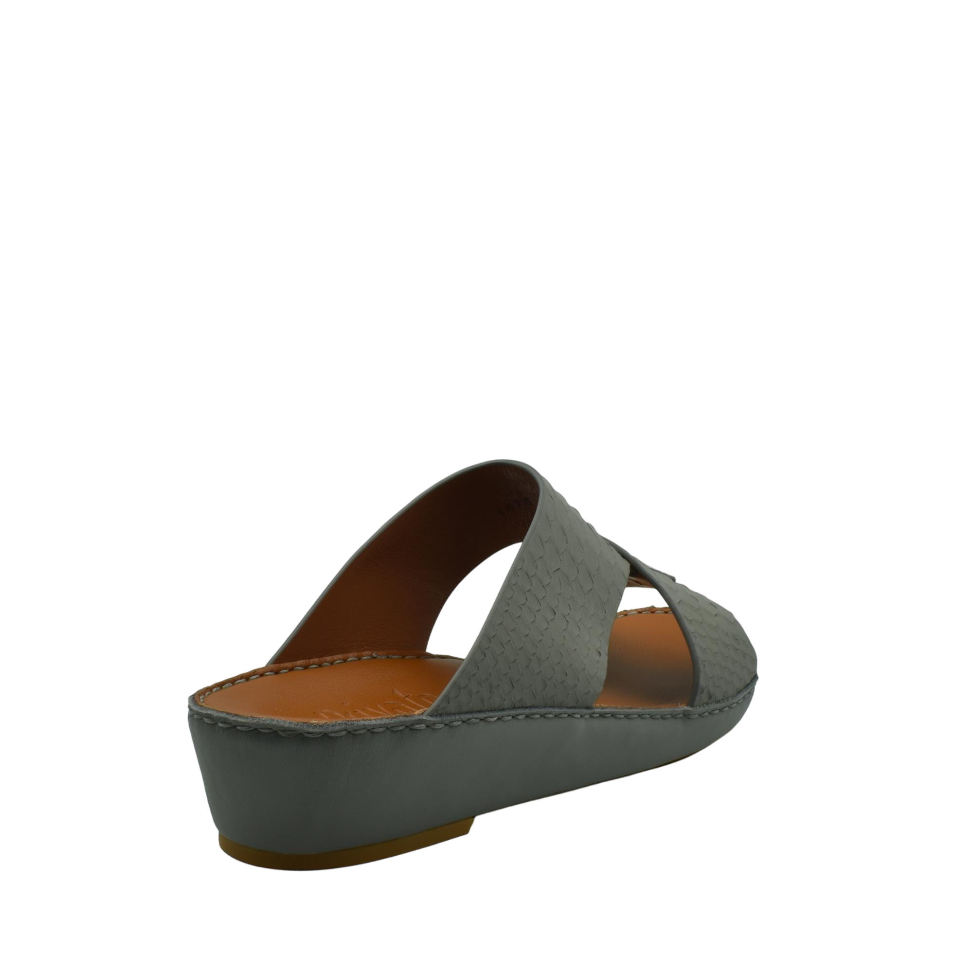 Gray slip-on wedge sandals featuring rubber python shoes texture with open toe design