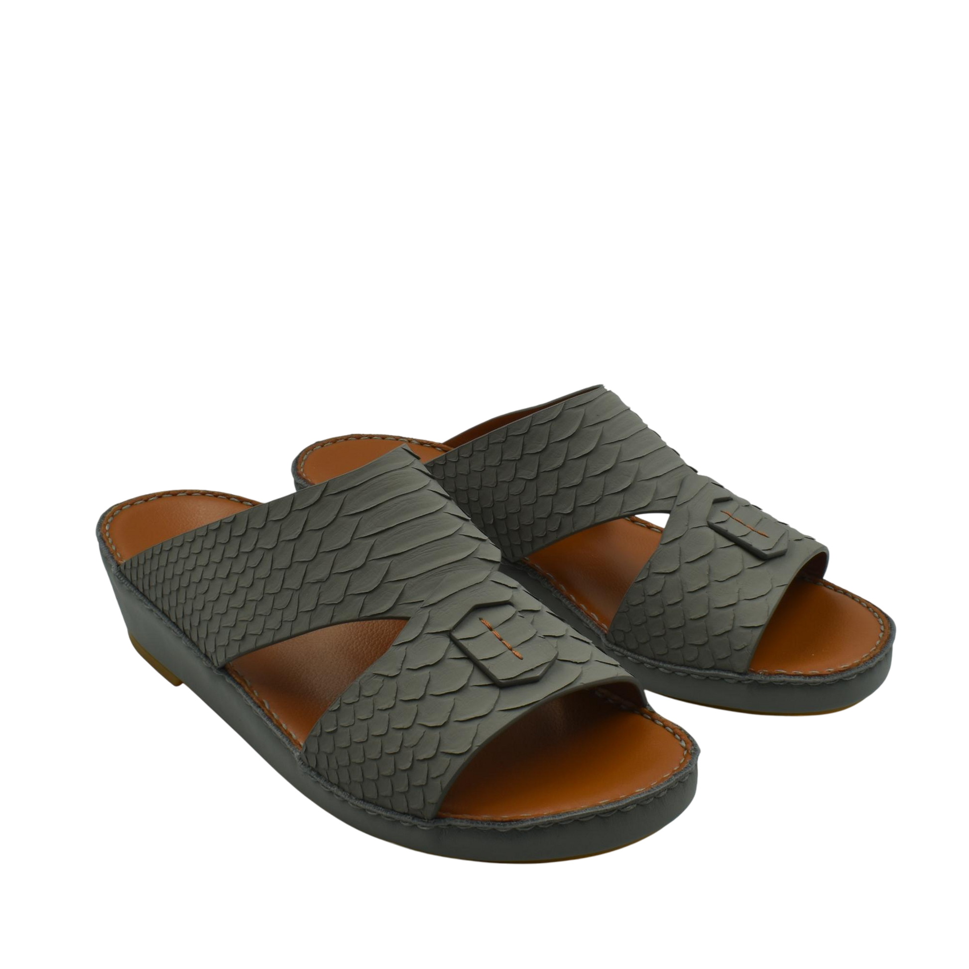 Pair of black rubber python shoes with textured scale pattern and open toe design