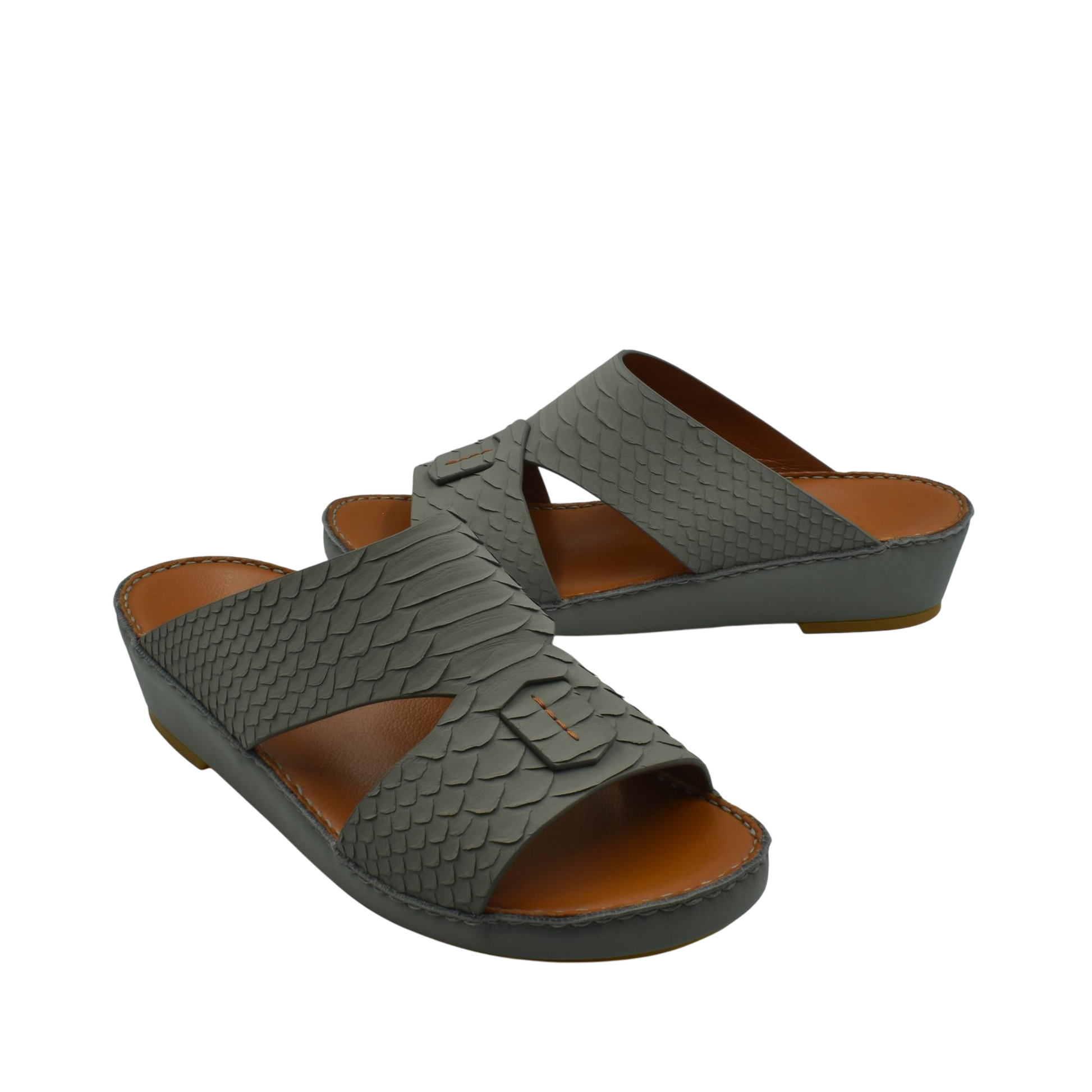 Gray open-toe slip-on sandals with a textured python scale pattern rubber python shoes