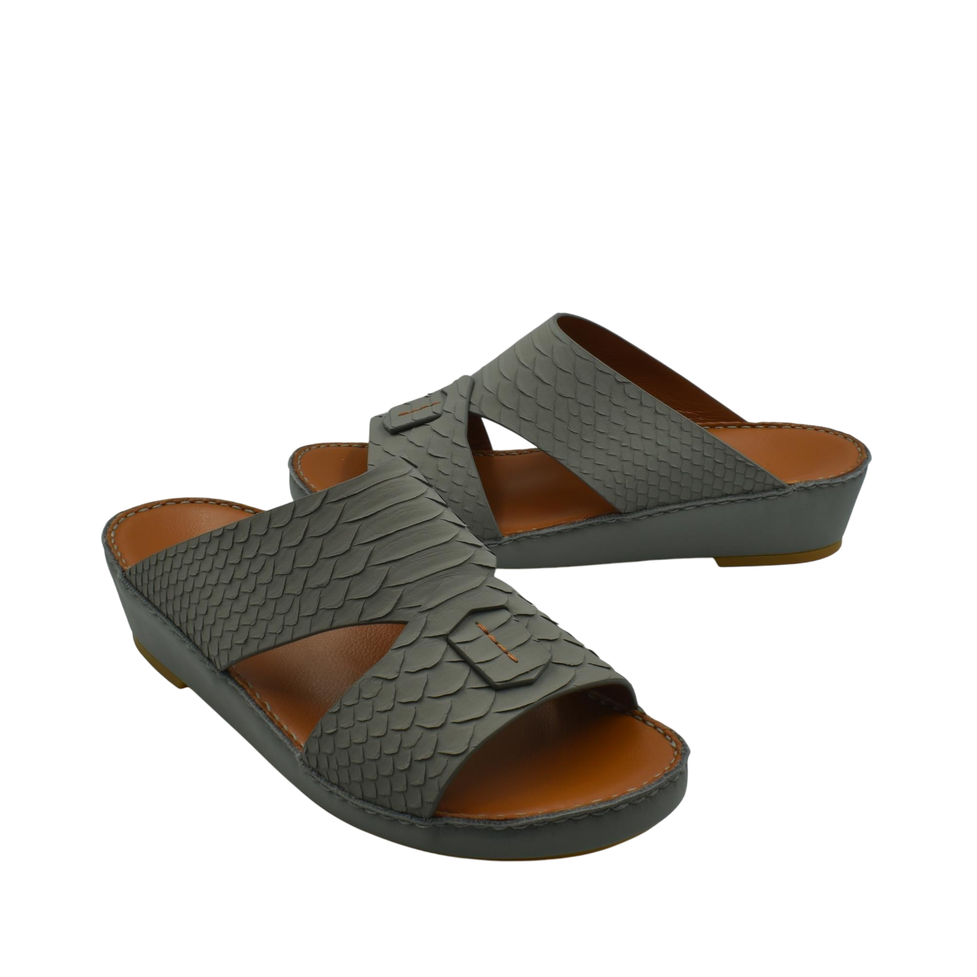 Gray open-toe slip-on sandals with a textured python scale pattern rubber python shoes