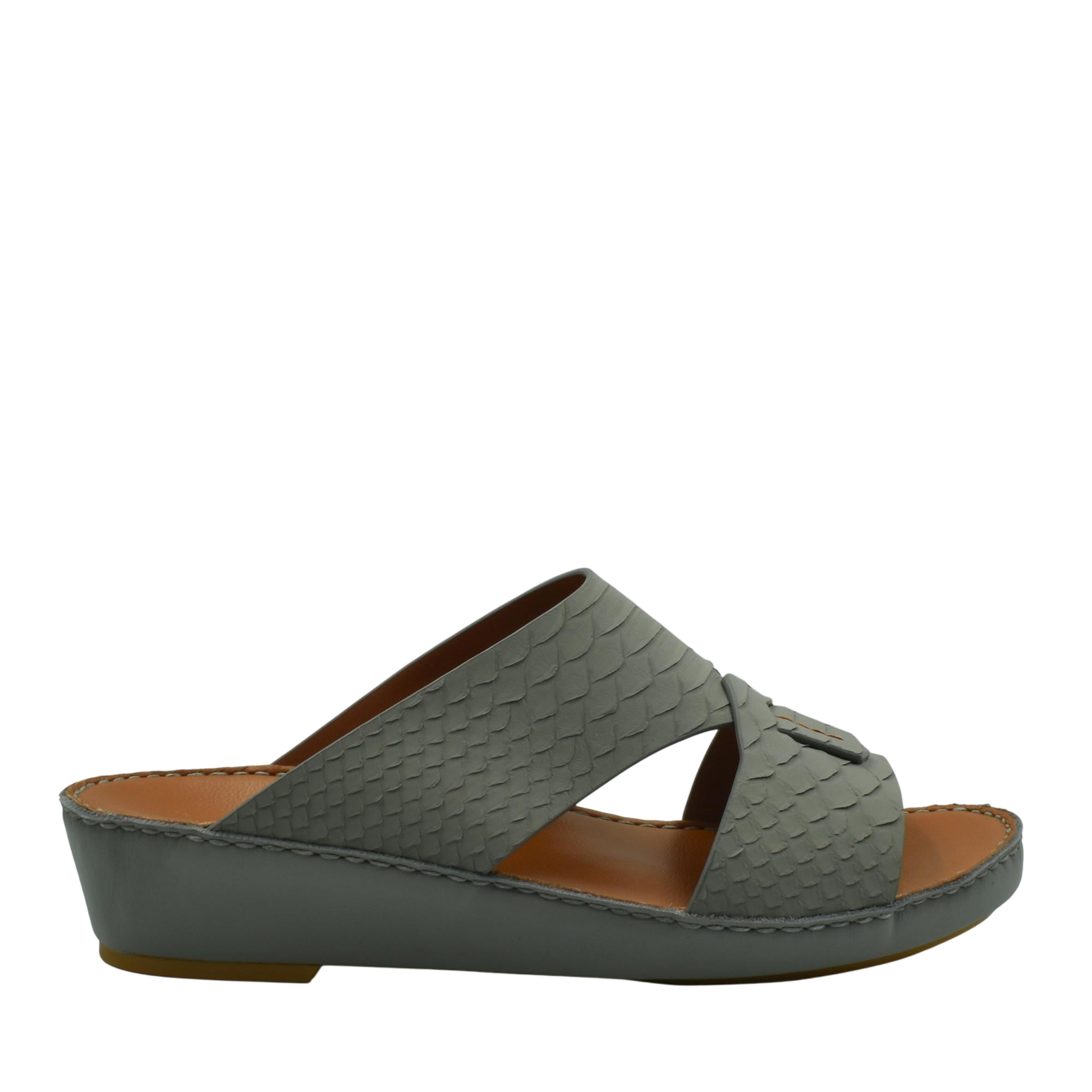 Gray slip-on rubber python shoes with textured scale pattern and wedge sole for comfortable wear