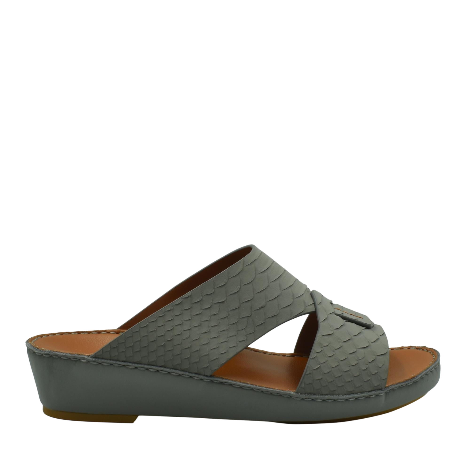 Gray slip-on rubber python shoes with textured scale pattern and wedge sole for comfortable wear