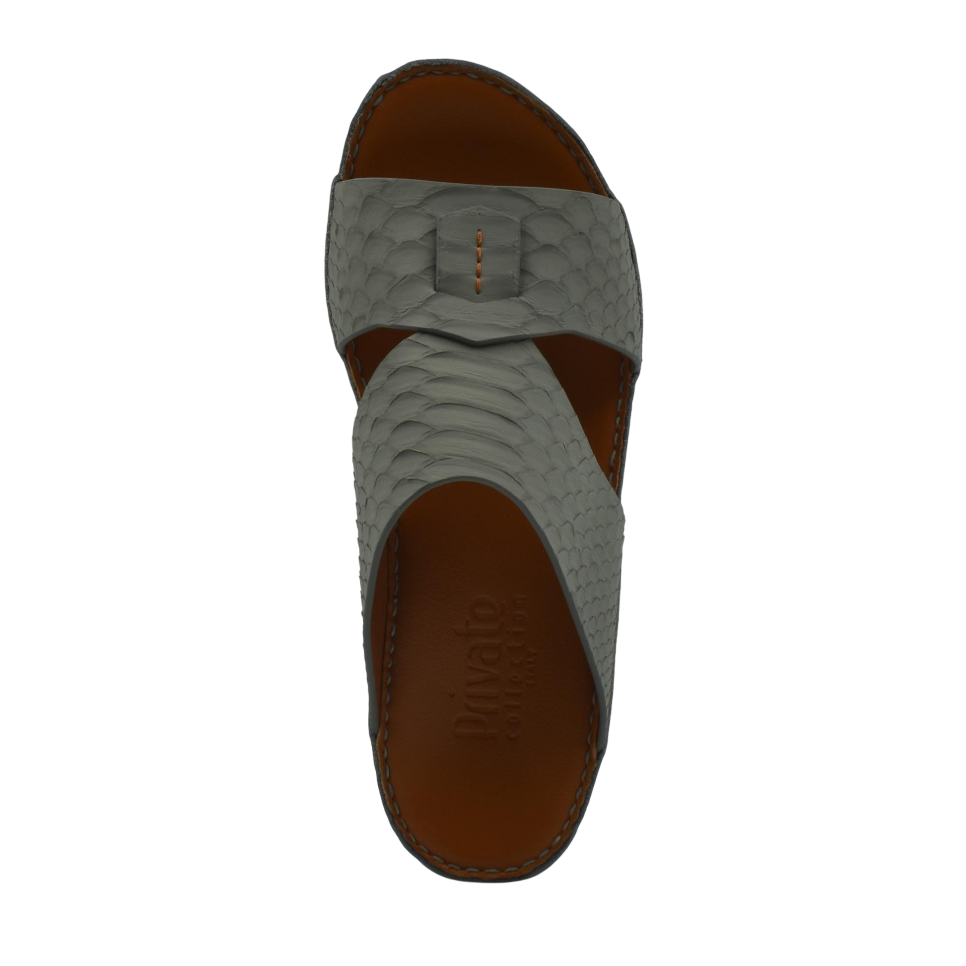 Top view of gray rubber python shoes slide sandal with textured upper and brown sole