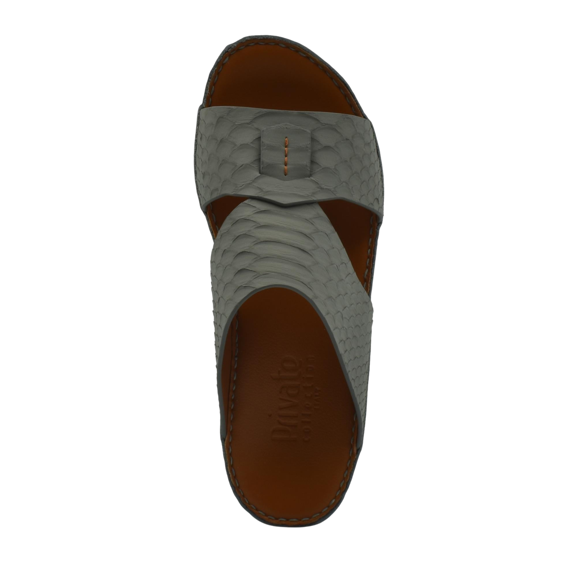 Top view of gray rubber python shoes slide sandal with textured upper and brown sole