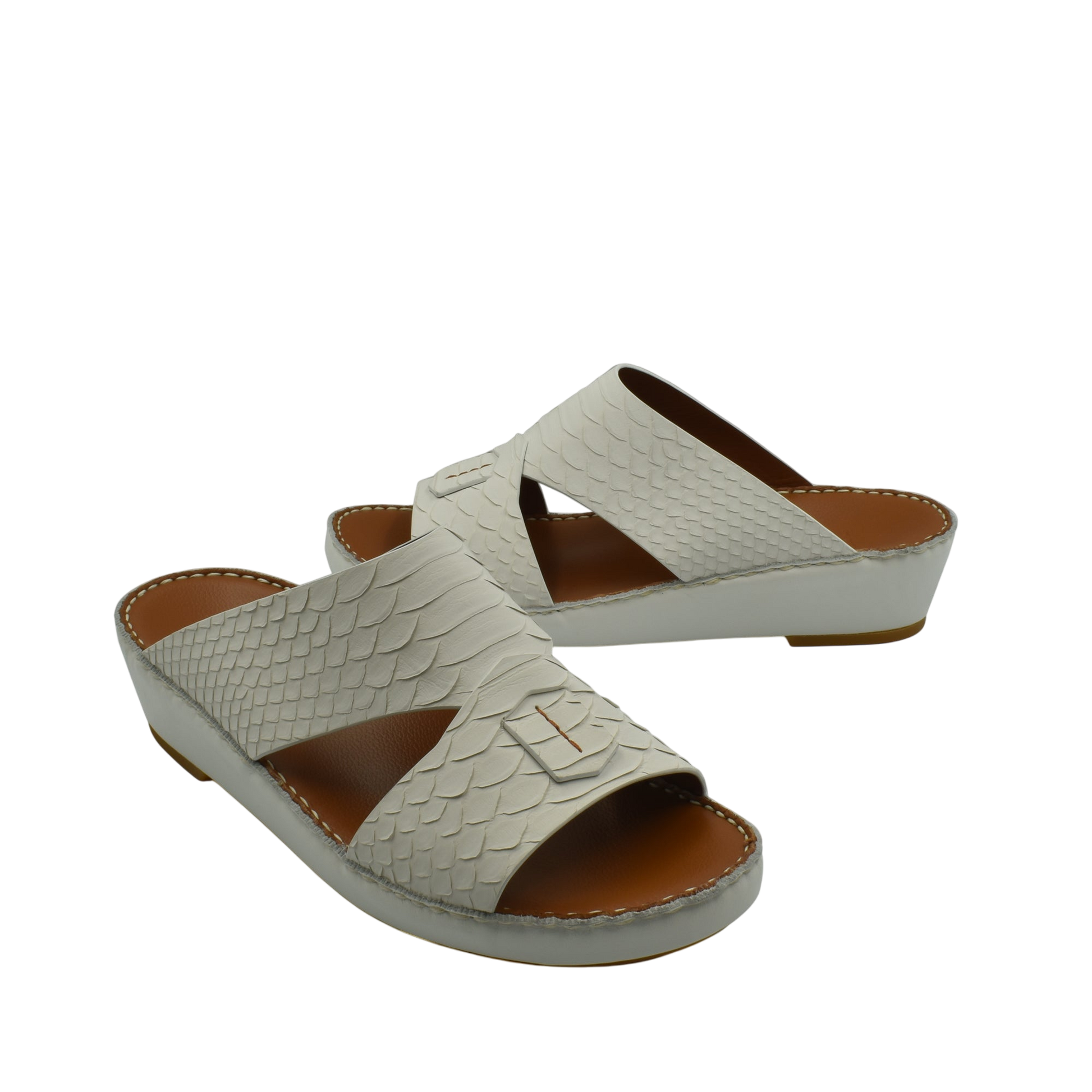 White open-toe rubber python shoes with textured scales and comfortable wedge sole