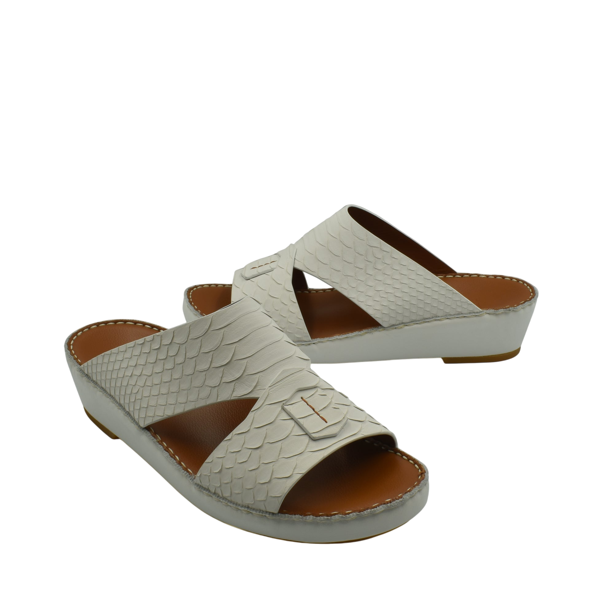 White open-toe rubber python shoes with textured scales and comfortable wedge sole