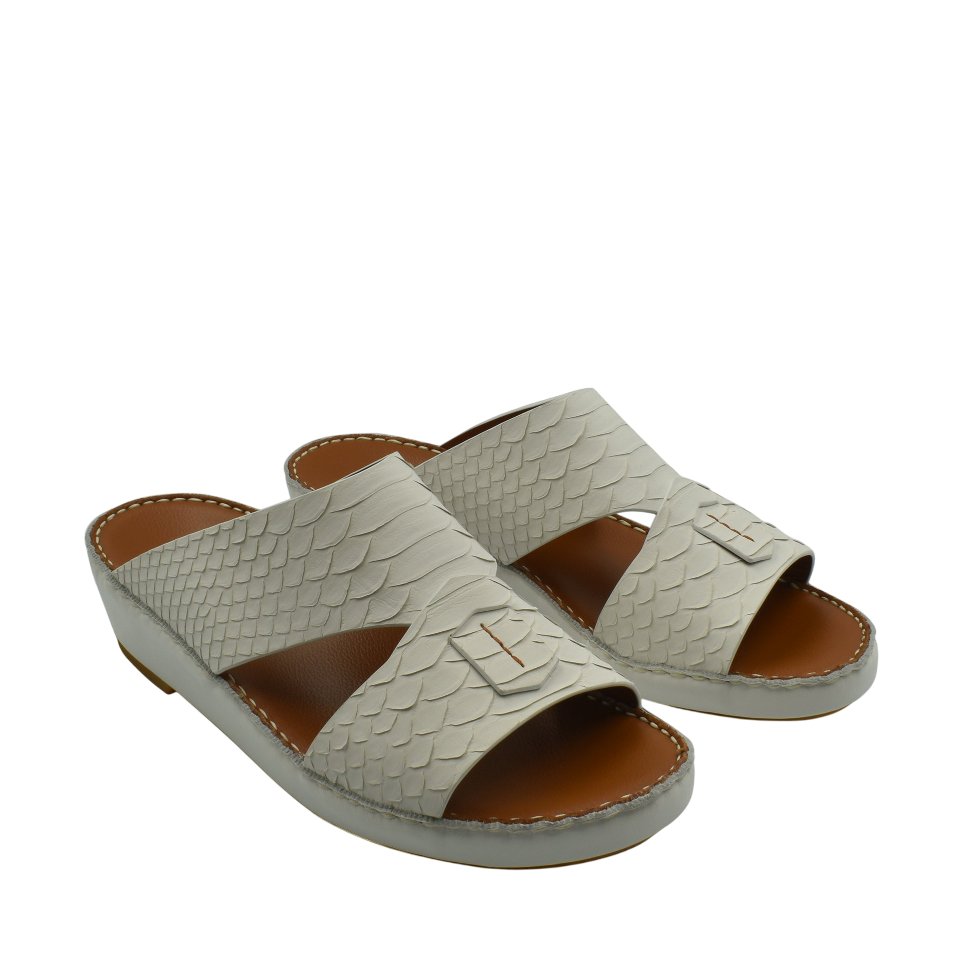 Light gray rubber python shoes with open toe and textured scale pattern in slide sandal style