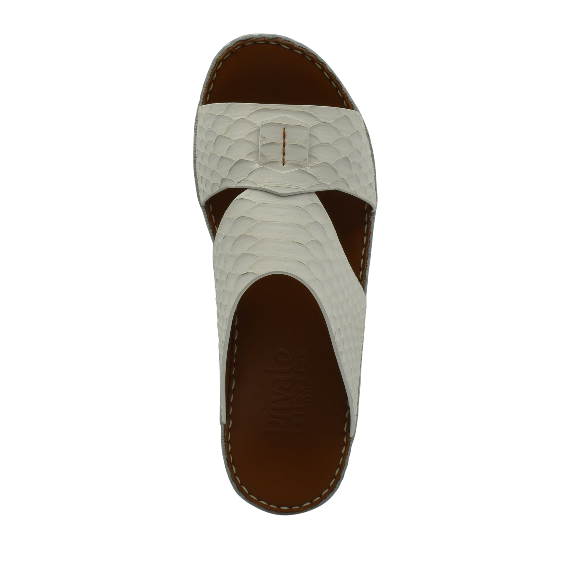 White leather rubber python shoes with textured pattern and brown sole slide sandal