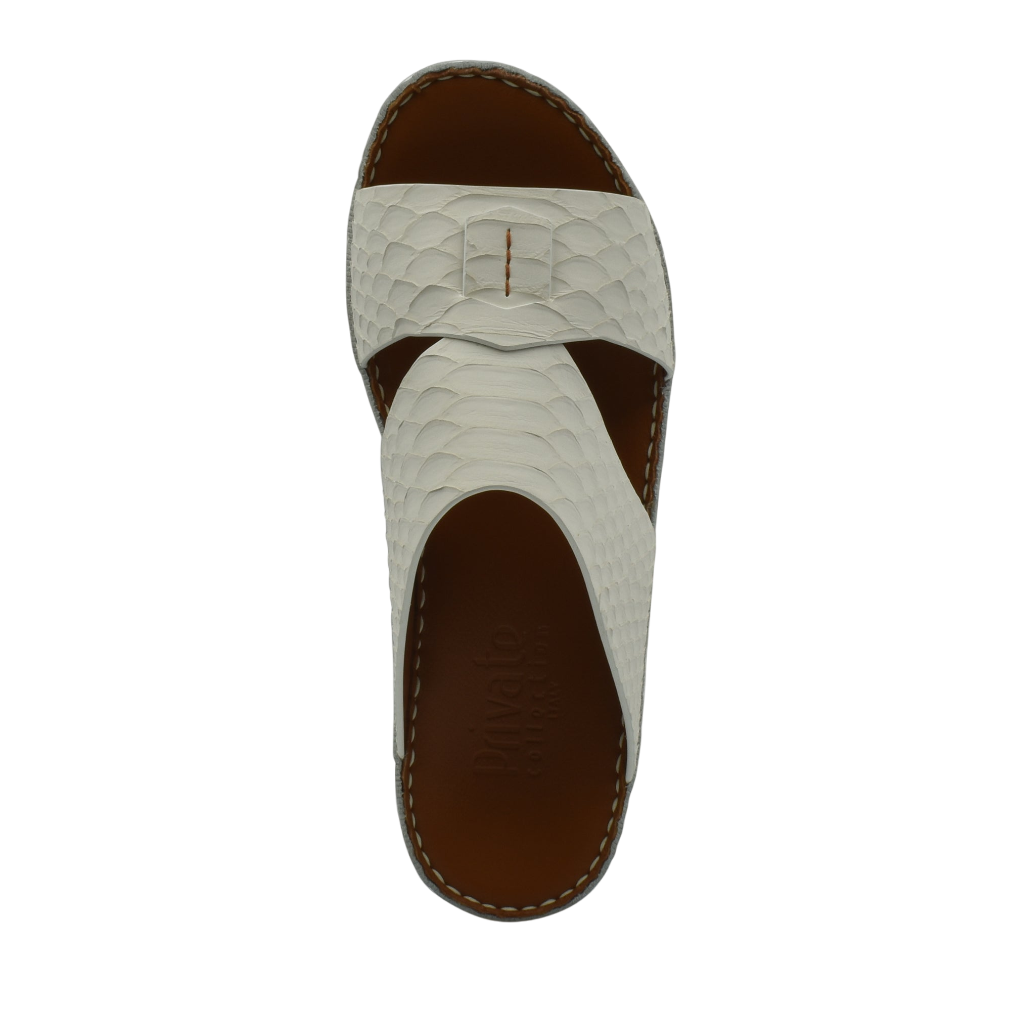 White leather rubber python shoes with textured pattern and brown sole slide sandal