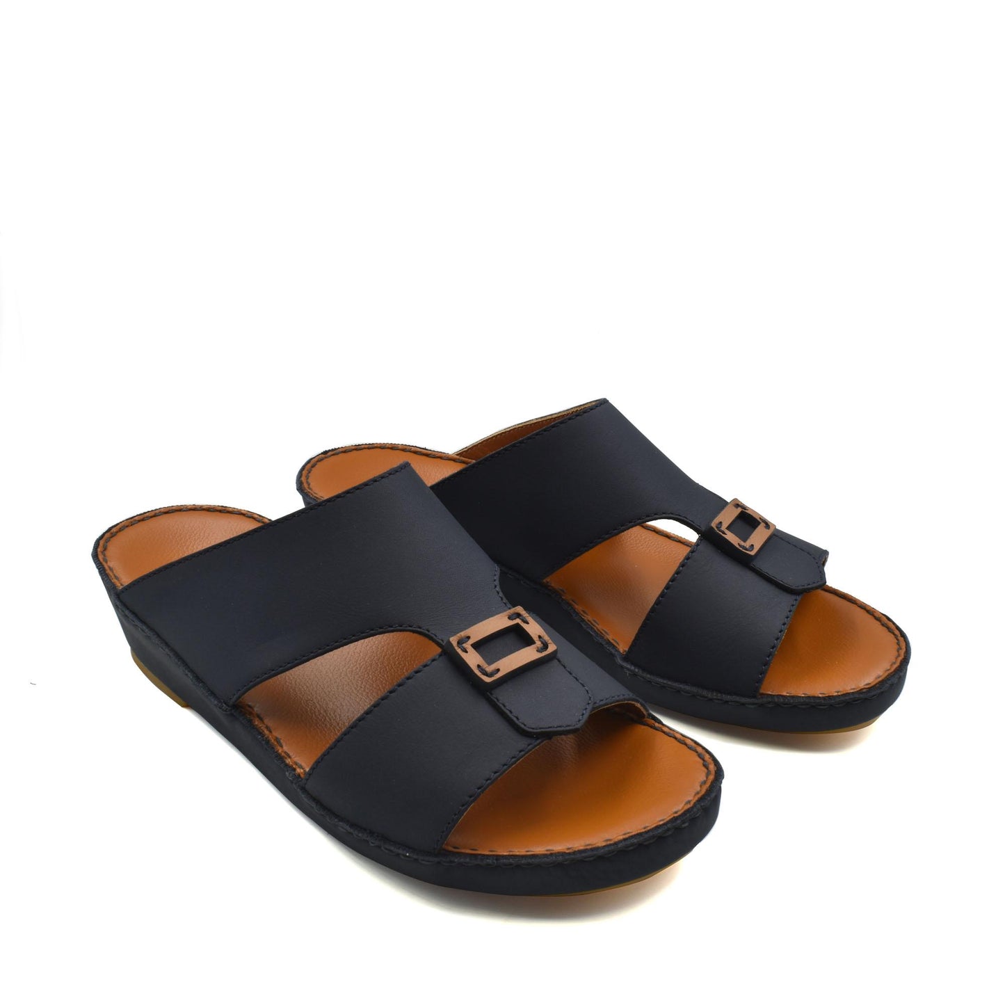 Black rubbercalf contrast sandals with buckle detail and cushioned tan footbed for comfort