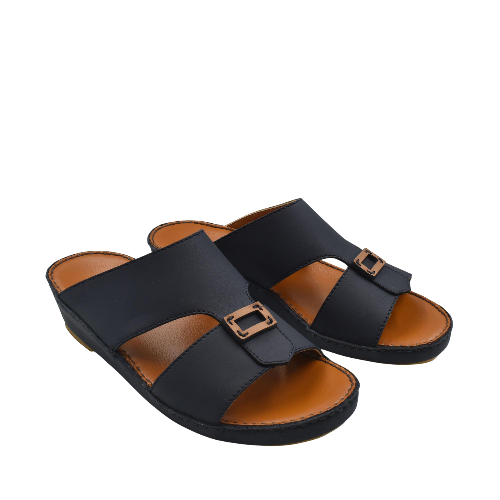 Black rubbercalf contrast sandals with buckle detail and cushioned tan footbed for comfort