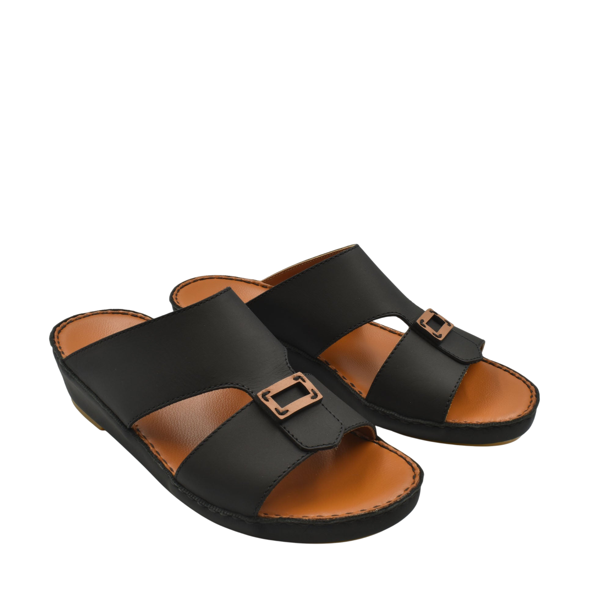 Black rubbercalf contrast sandals with brown cushioned footbed and adjustable buckle straps