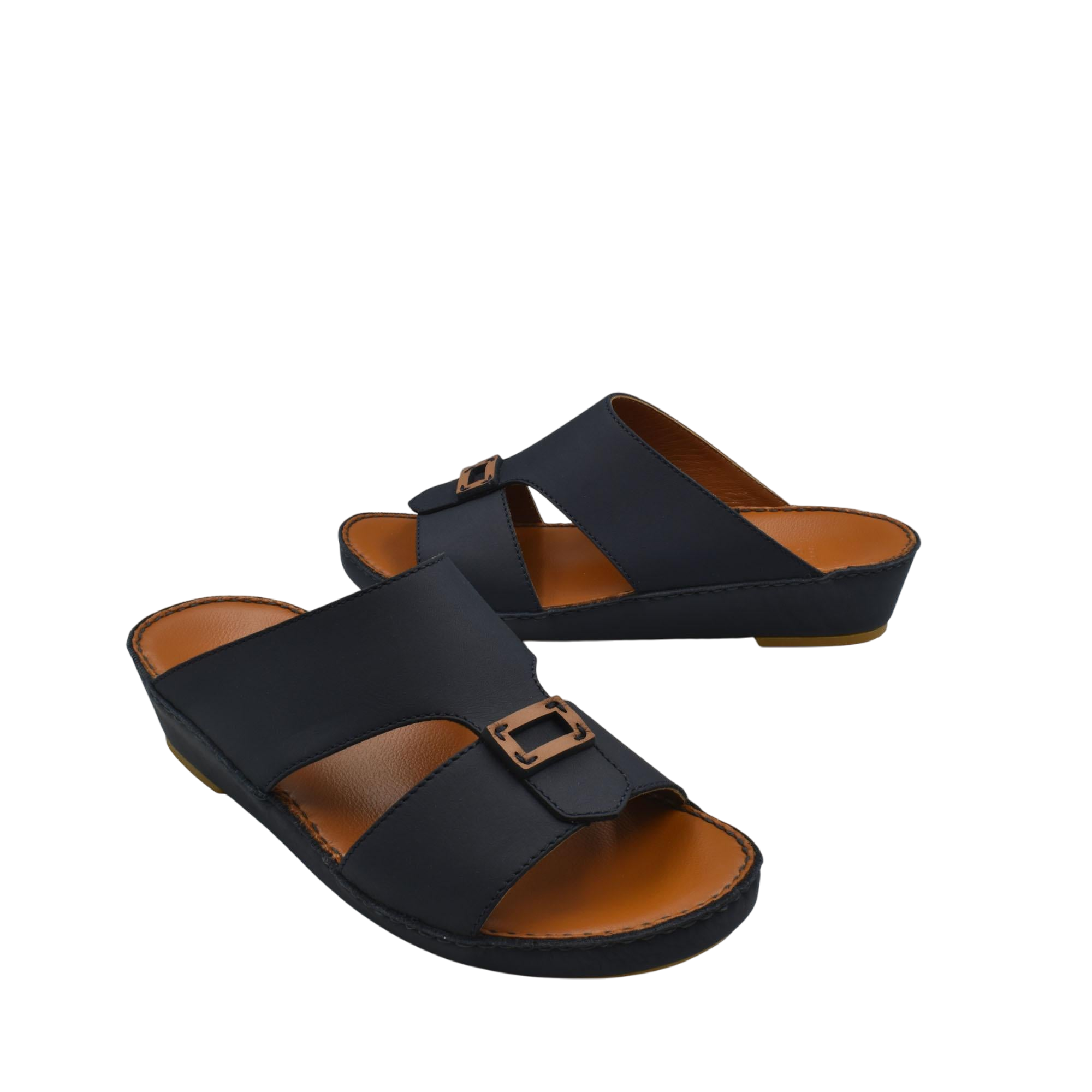 Black rubbercalf contrast sandals with adjustable buckle straps and cushioned brown insoles