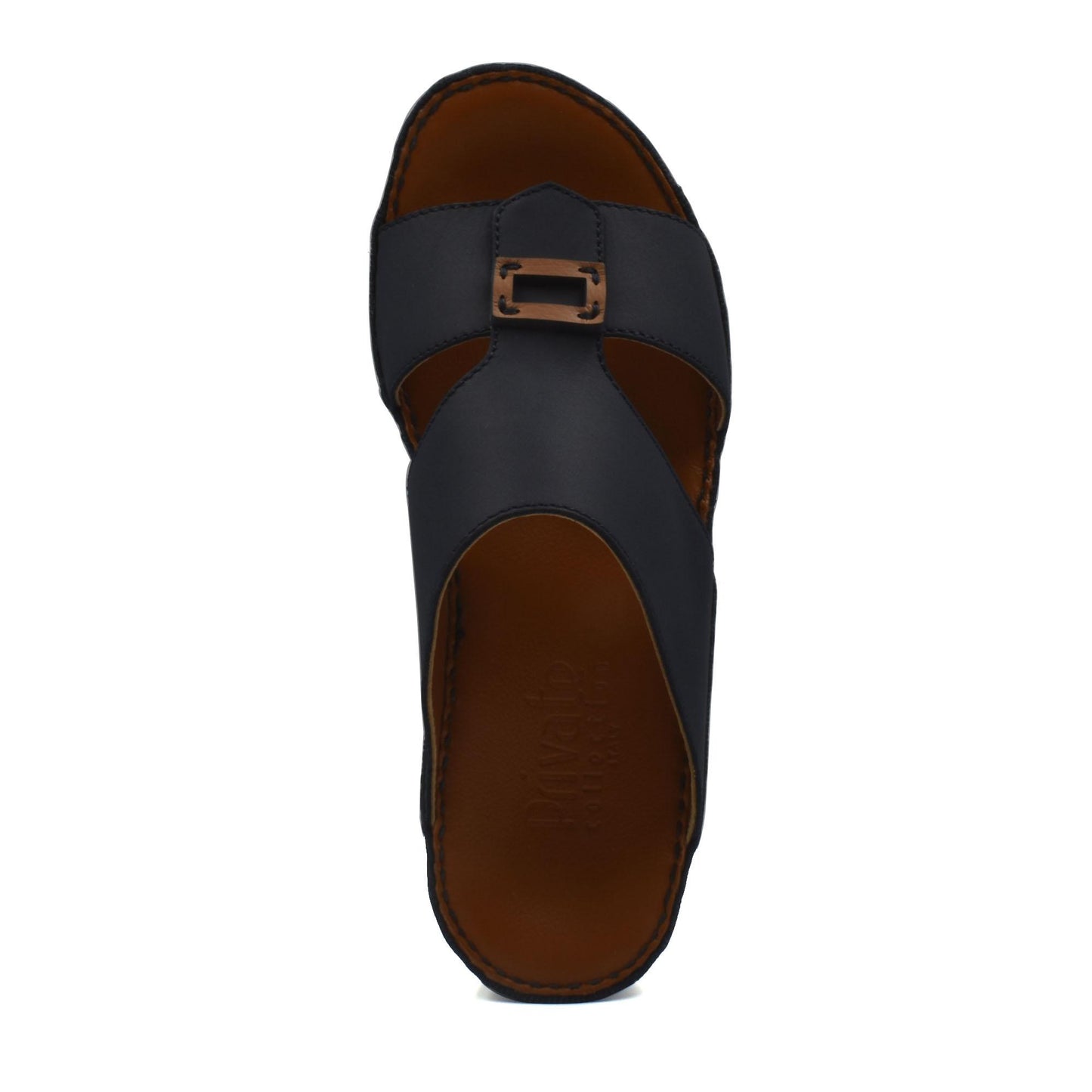 Black rubbercalf contrast sandals with buckle strap and brown cushioned footbed for comfort