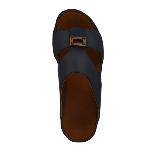 Black rubbercalf contrast sandals with buckle strap and brown cushioned footbed for comfort