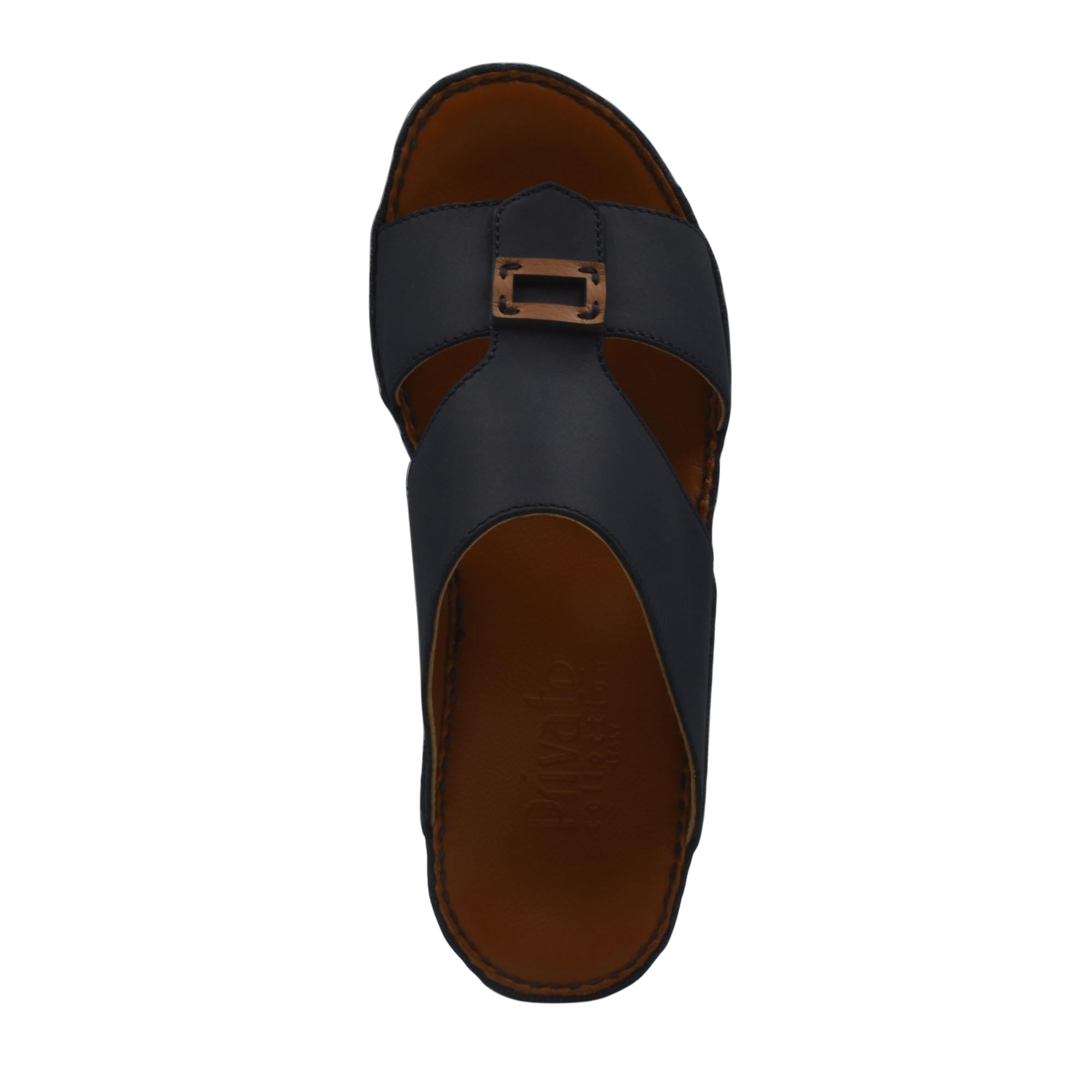 Black rubbercalf contrast sandals with buckle strap and brown cushioned footbed for comfort