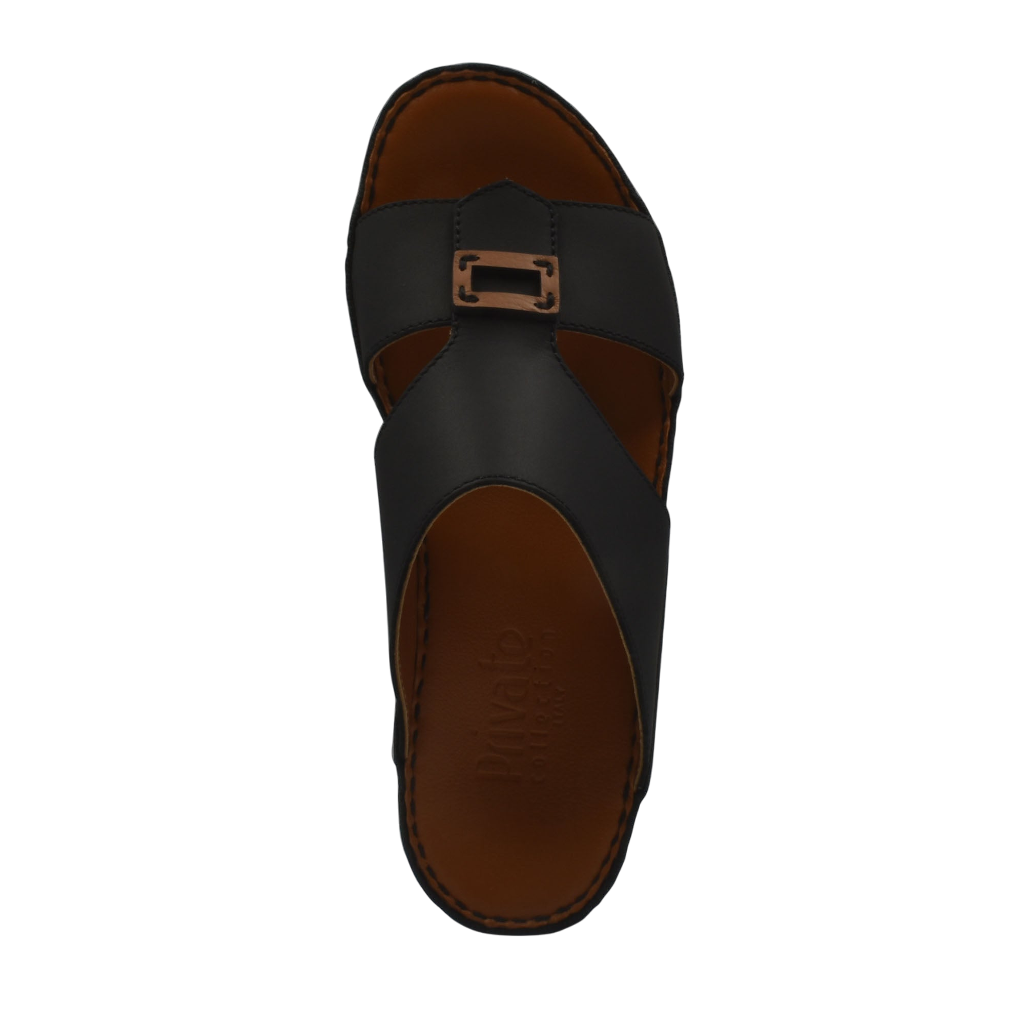 Black rubbercalf contrast sandals with buckle detail and brown cushioned footbed in private collection