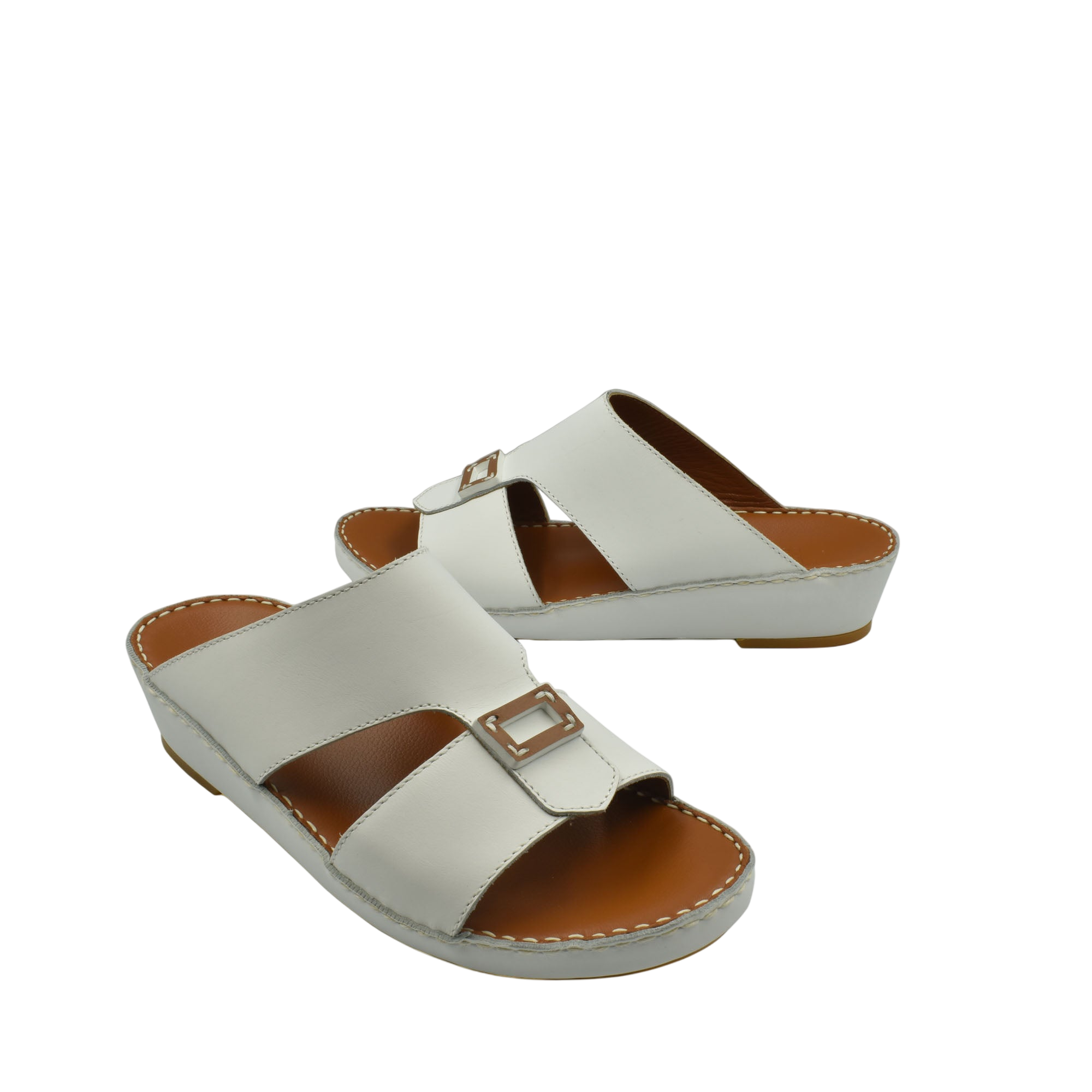 White rubbercalf contrast sandals with buckle detail and cushioned sole for comfortable wear