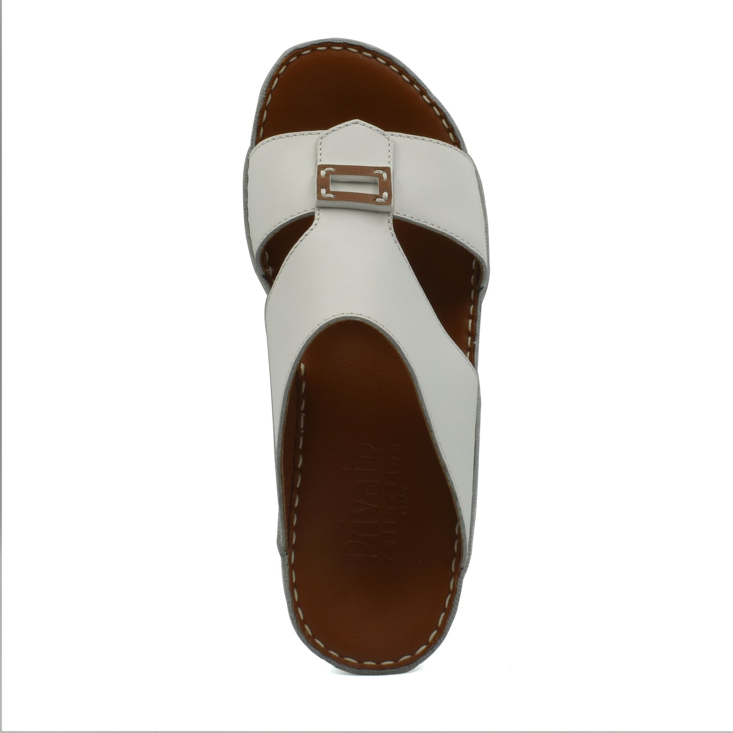 White rubbercalf contrast sandals with brown cushioned sole and buckle detail for stylish comfort