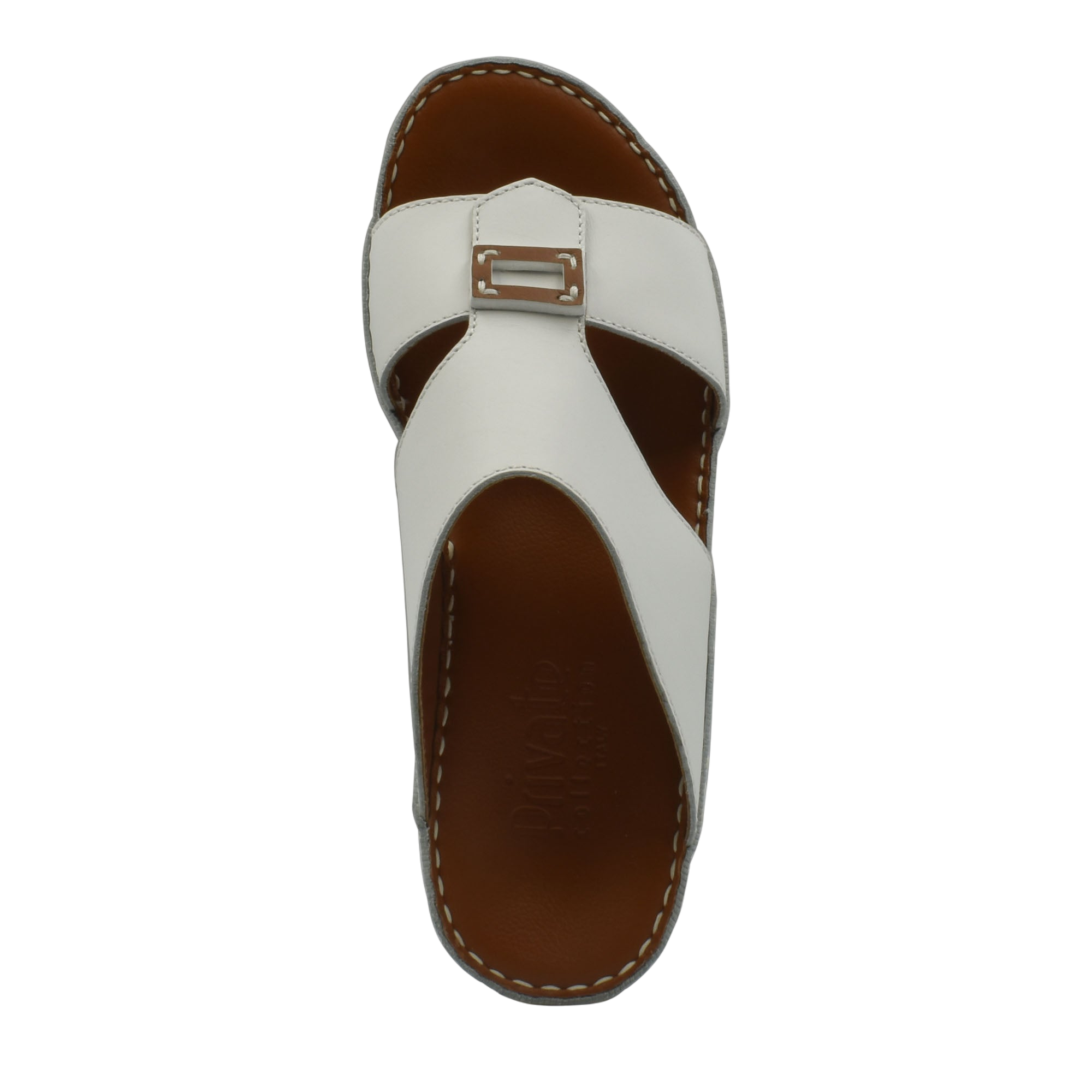 White rubbercalf contrast sandals with brown cushioned sole and buckle detail for stylish comfort