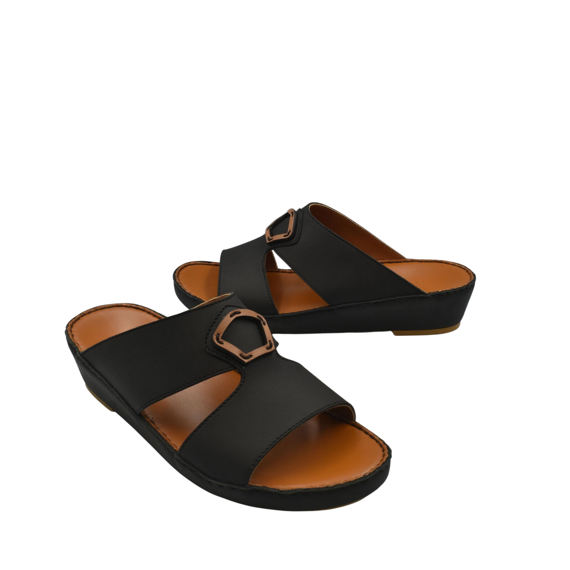 Black and brown Rubbercalf contrast shoes with open toe and decorative buckle on white background